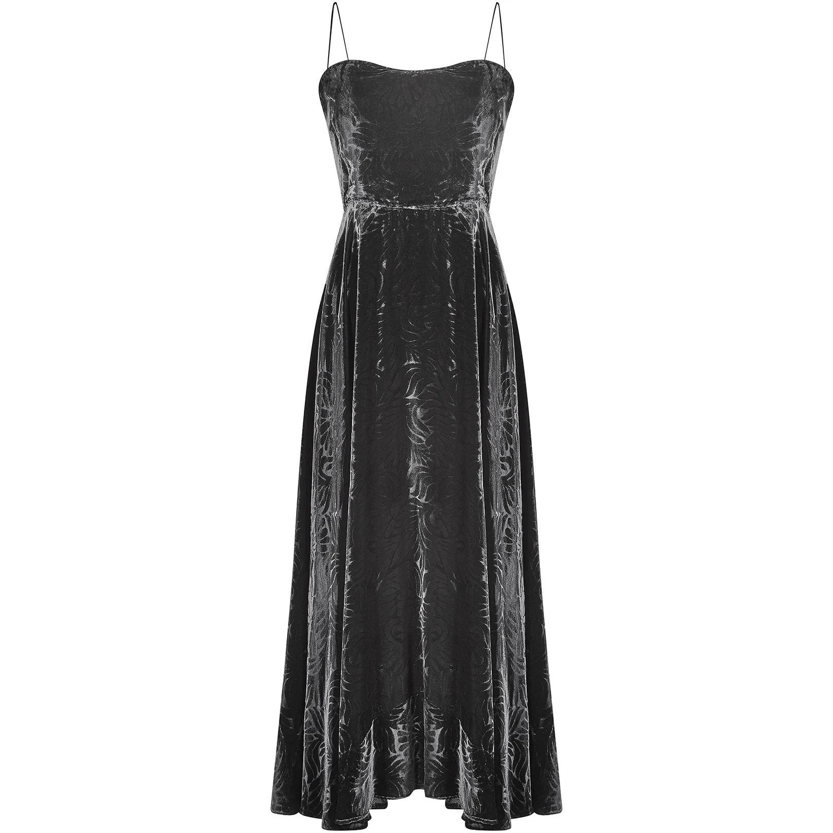 1940s Black Velvet Art Deco Floral Print Evening Dress