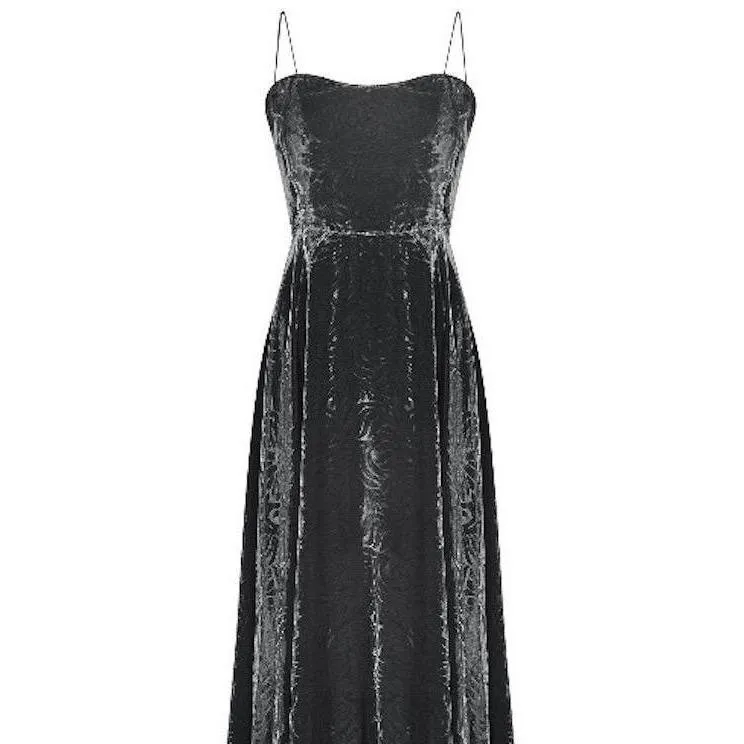 1940s Black Velvet Art Deco Floral Print Evening Dress