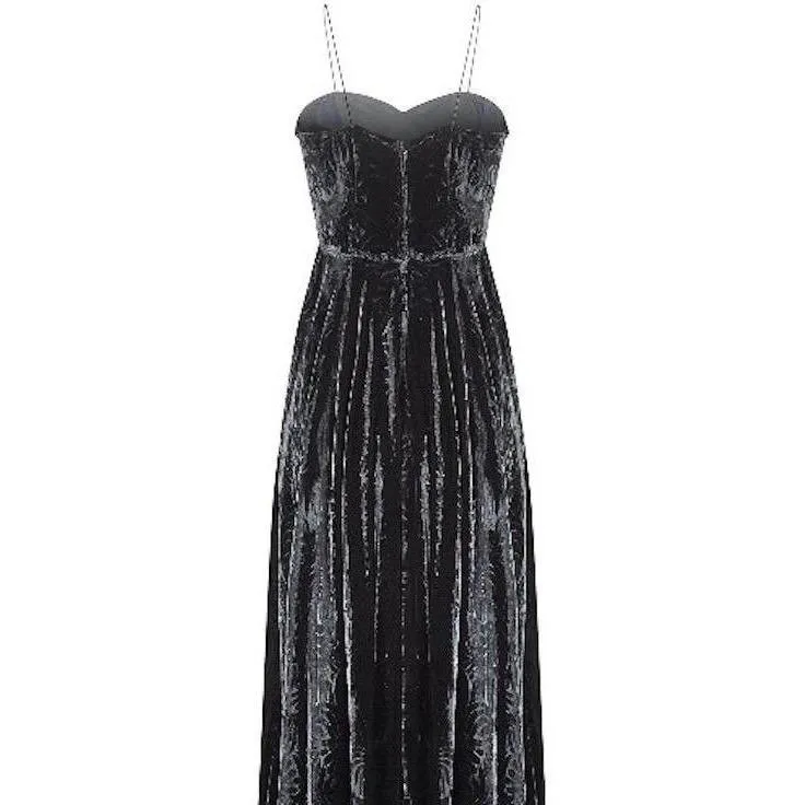 1940s Black Velvet Art Deco Floral Print Evening Dress