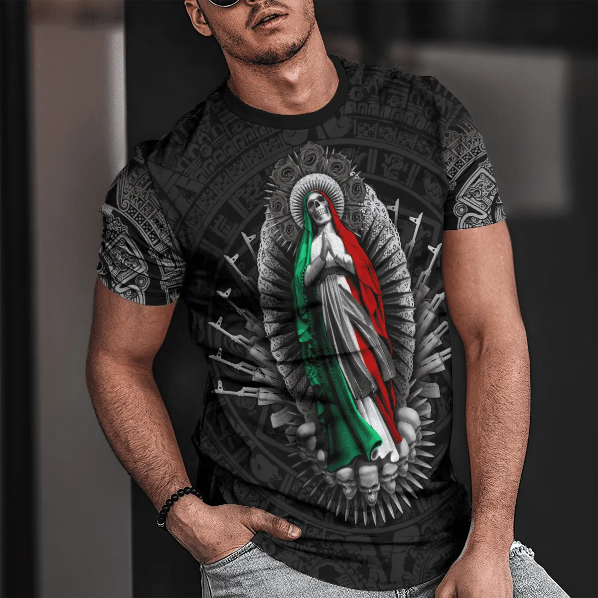 3D All Over Print Mexico Aztec T-Shirt, Aztec Skull Maria With Gun Skull Unisex Shirt