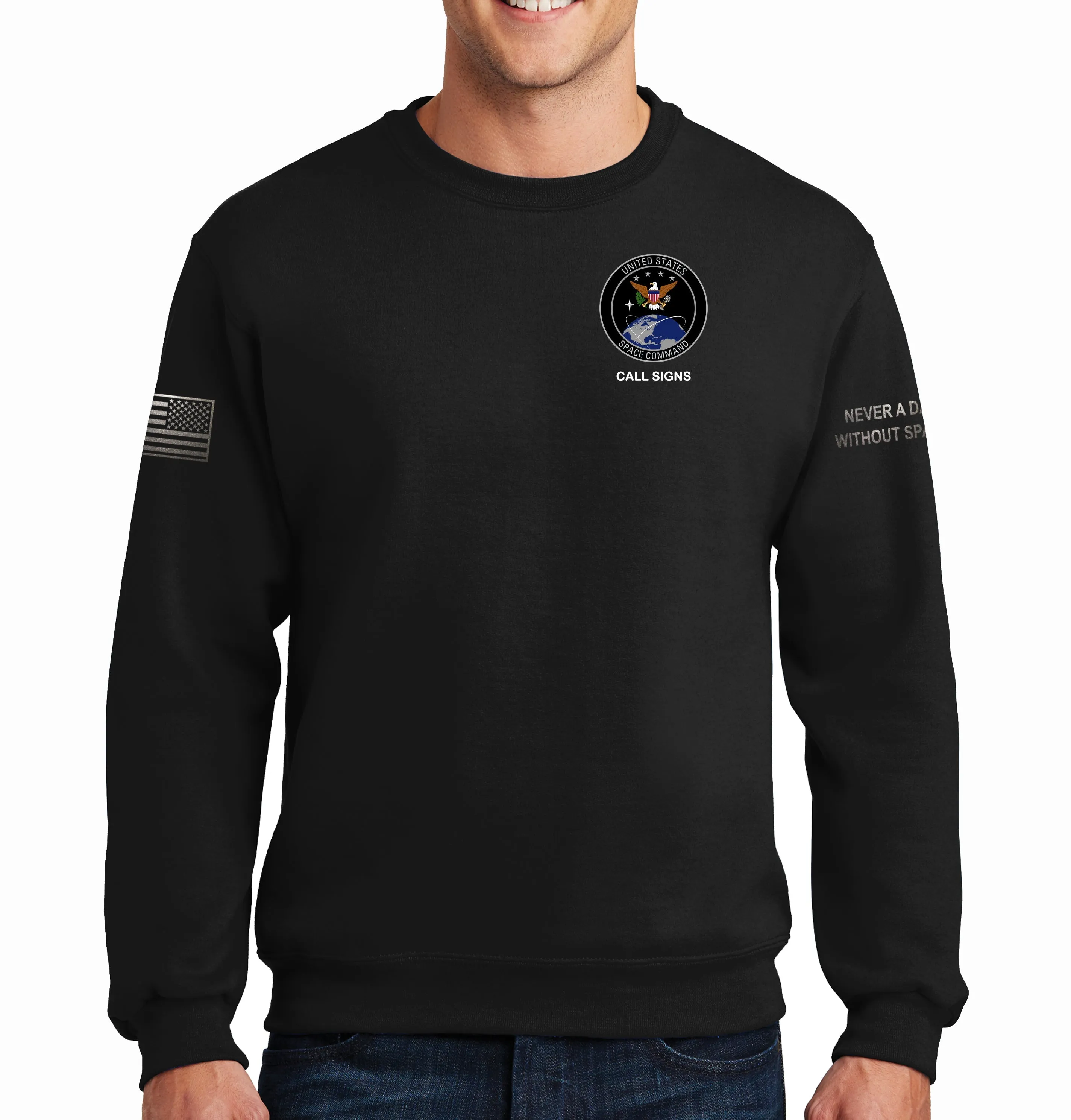 50-50 Blend Black on Black Crewneck Unisex Sweatshirt. This shirt IS approved for PT.