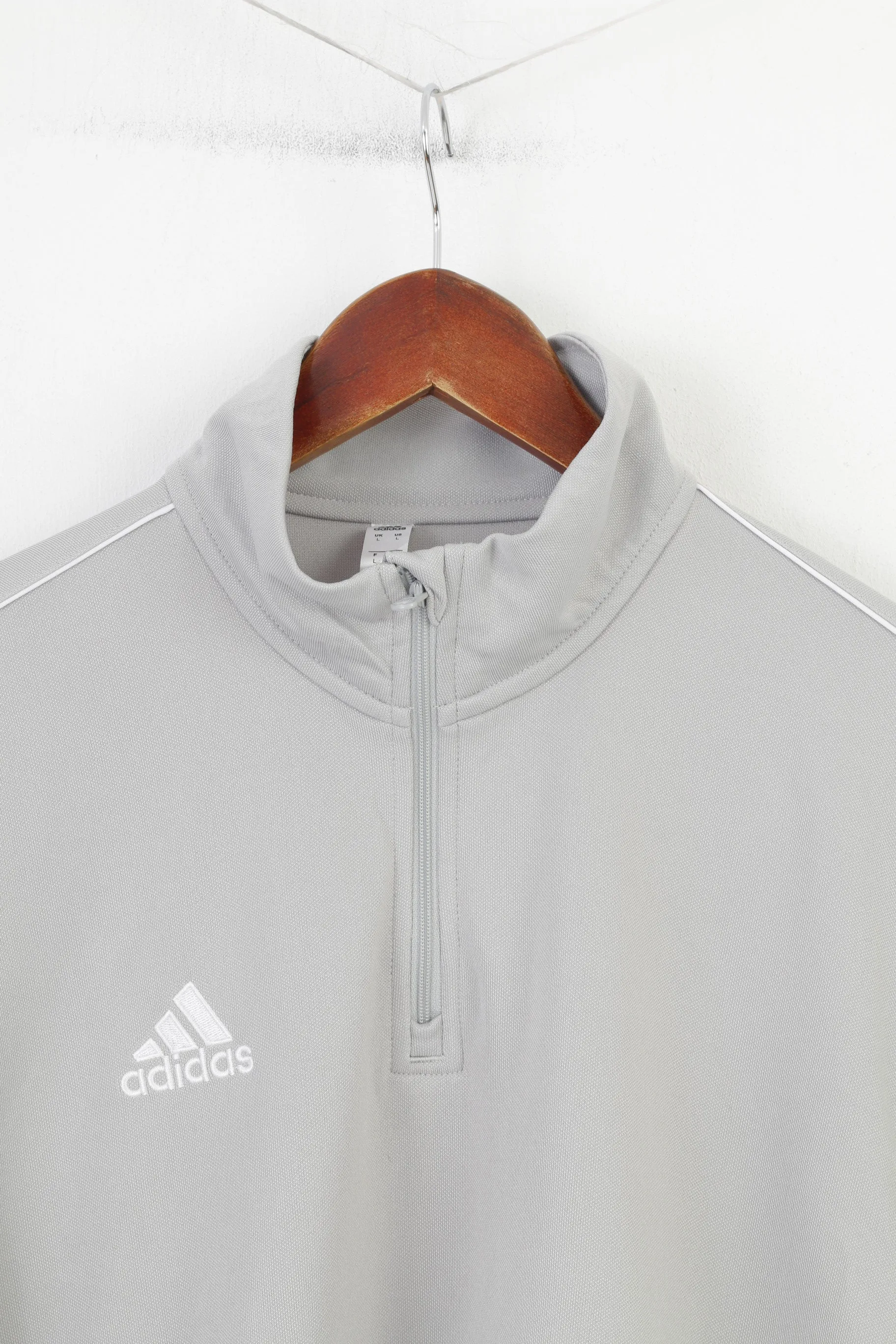 Adidas Men L Sweatshirt Grey Zip Neck Polyester Vintage Collar Top