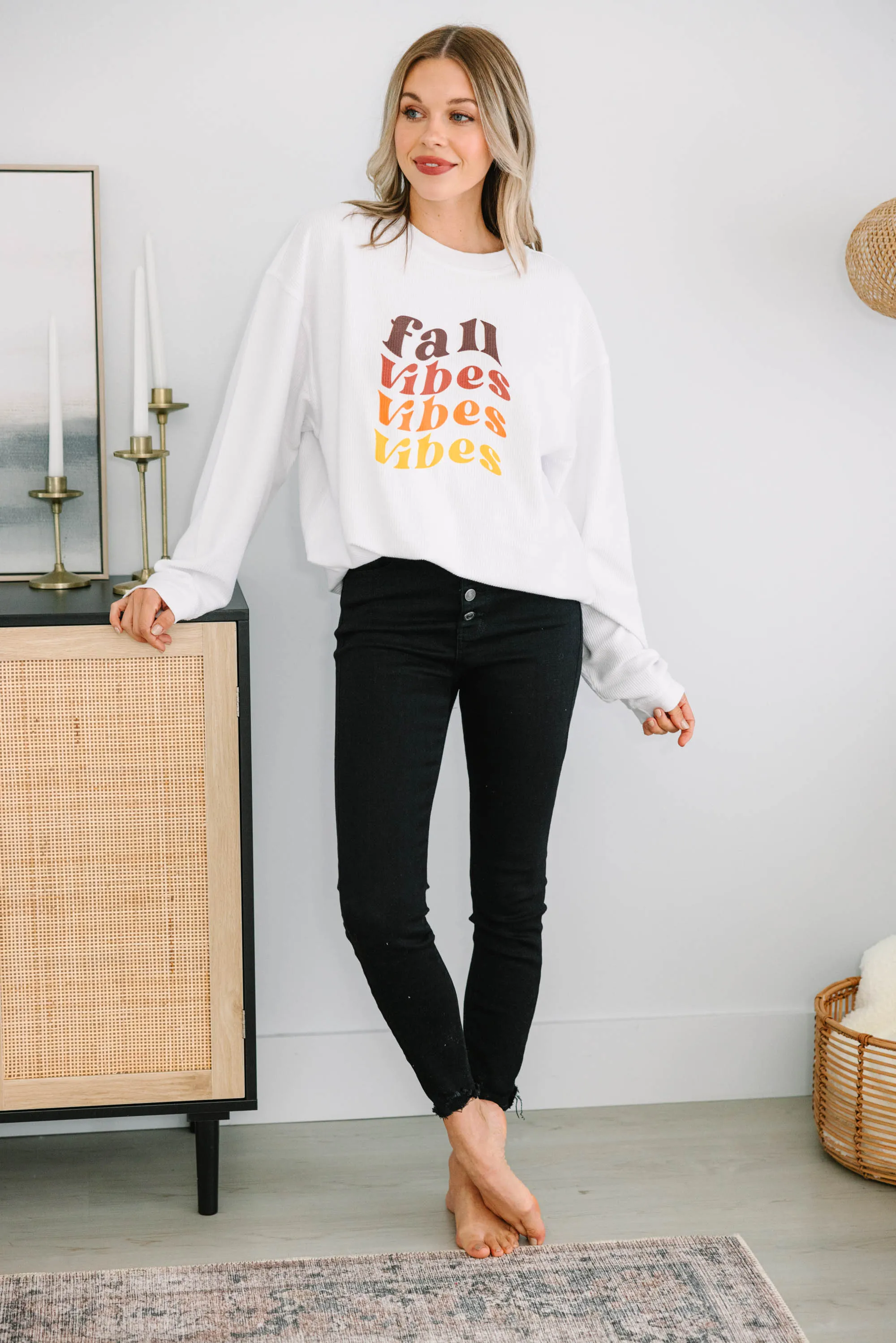 All The Fall Vibes White Corded Graphic Sweatshirt