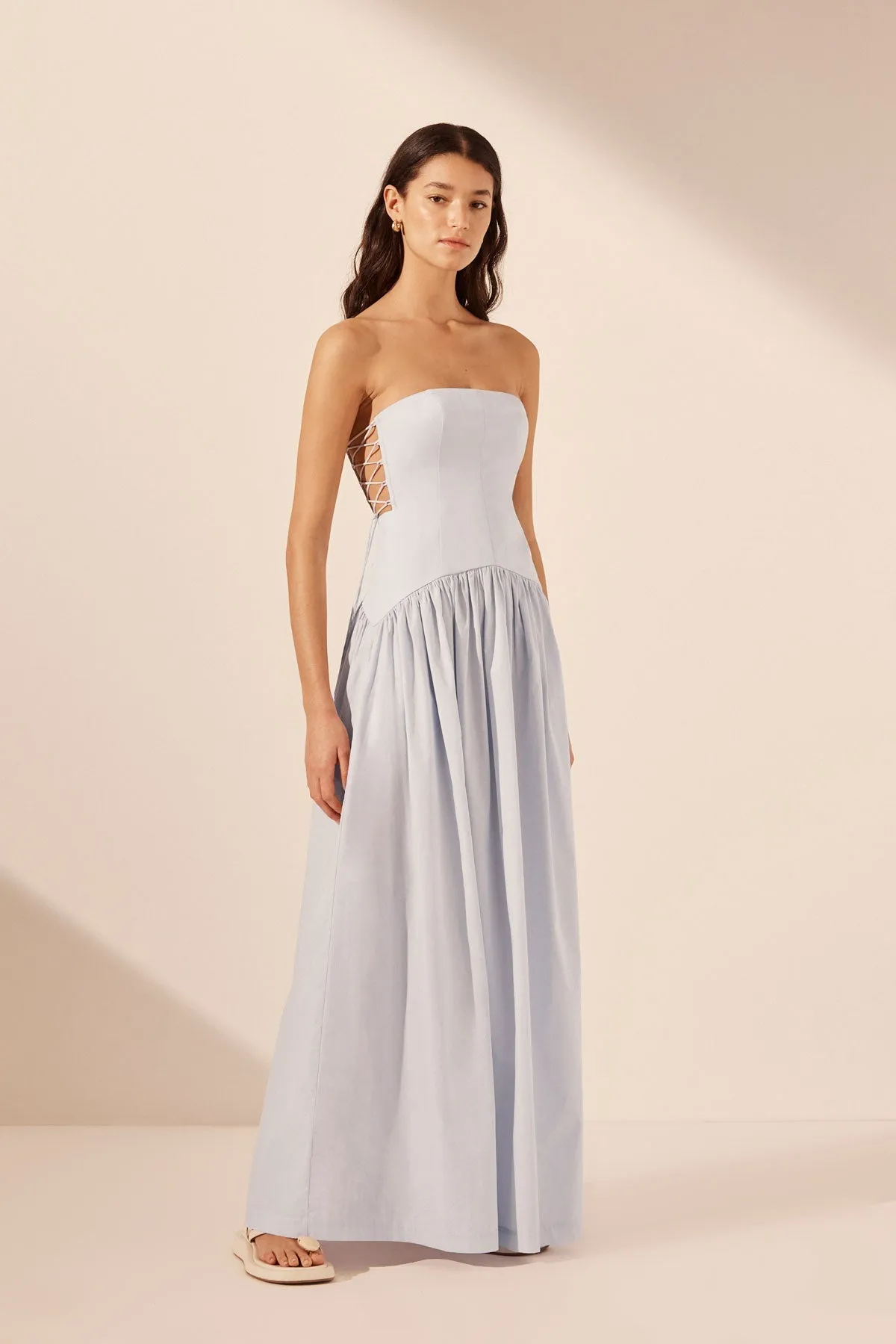 AMADA LACE UP STRAPLESS MAXI DRESS - ICE BLUE