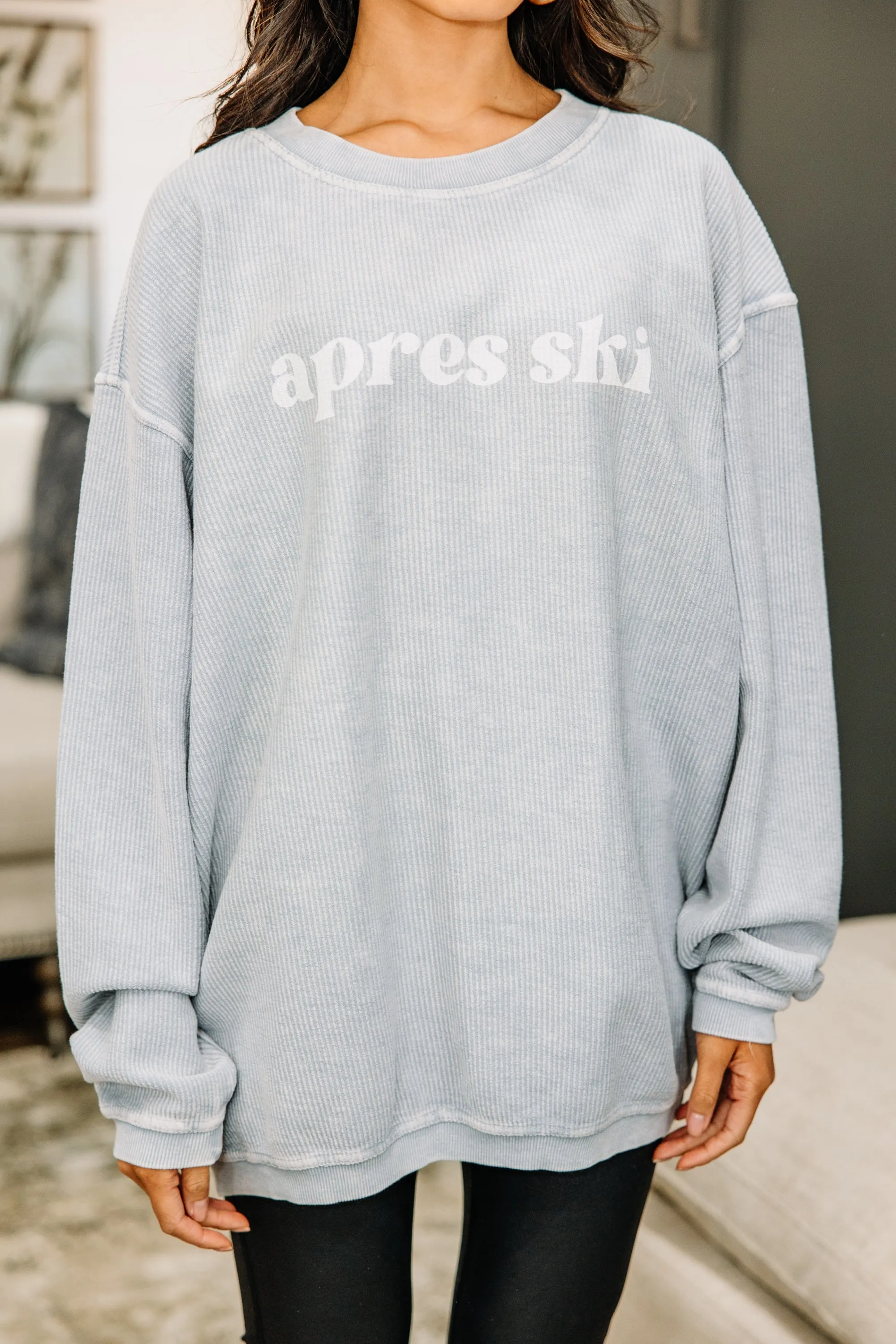 Apres Ski Faded Denim Blue Corded Graphic Sweatshirt