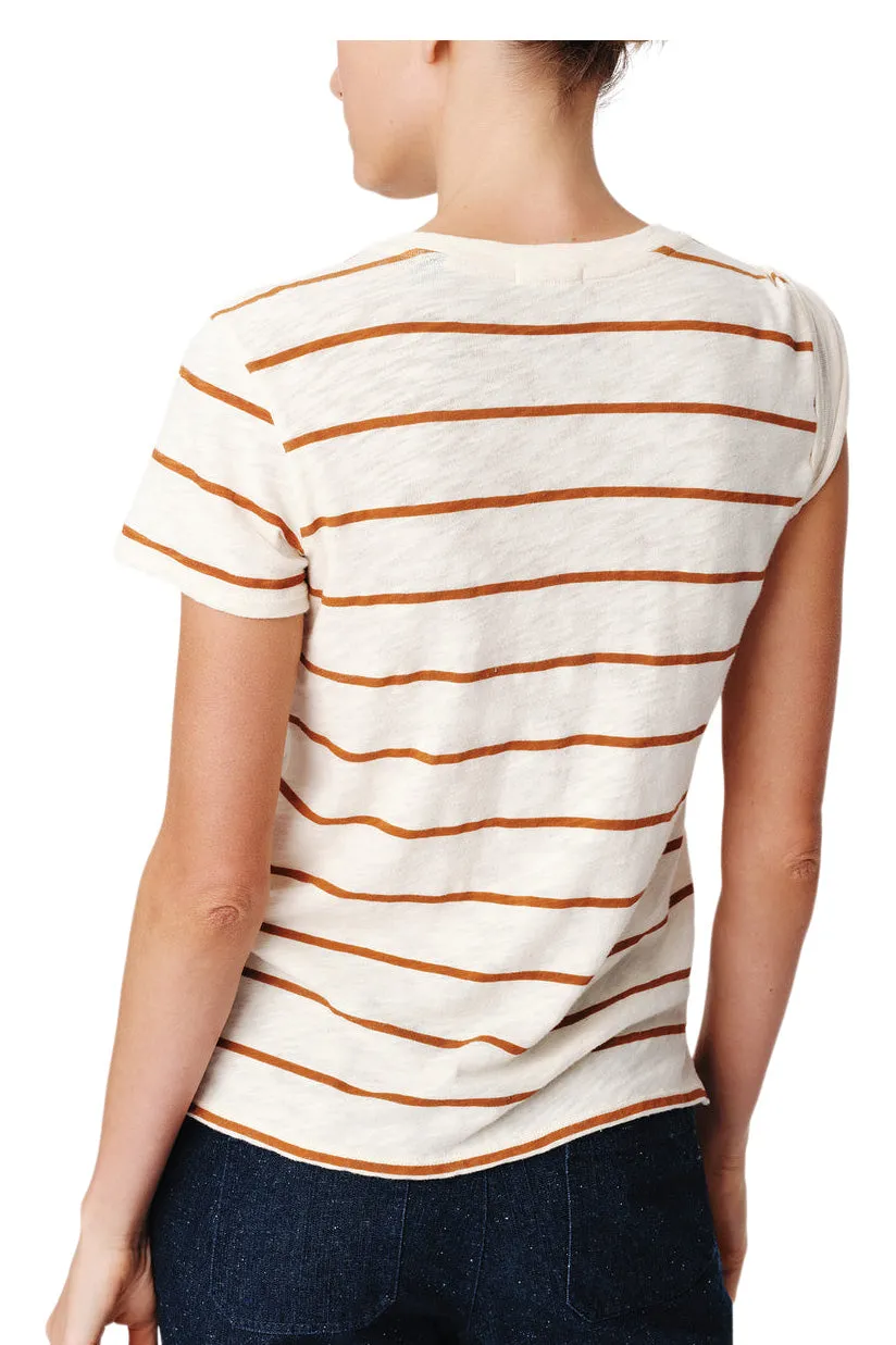 ATM Slub Jersey Stripe Schoolboy Crew Neck Tee in Irish Cream-Cornelian