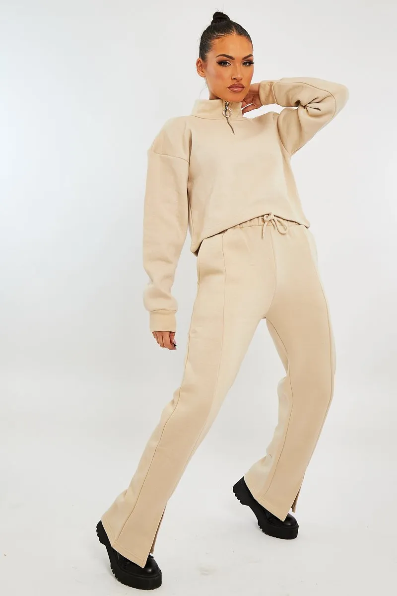 Beige Ring Zip Front High Neck Sweatshirt - Maggi