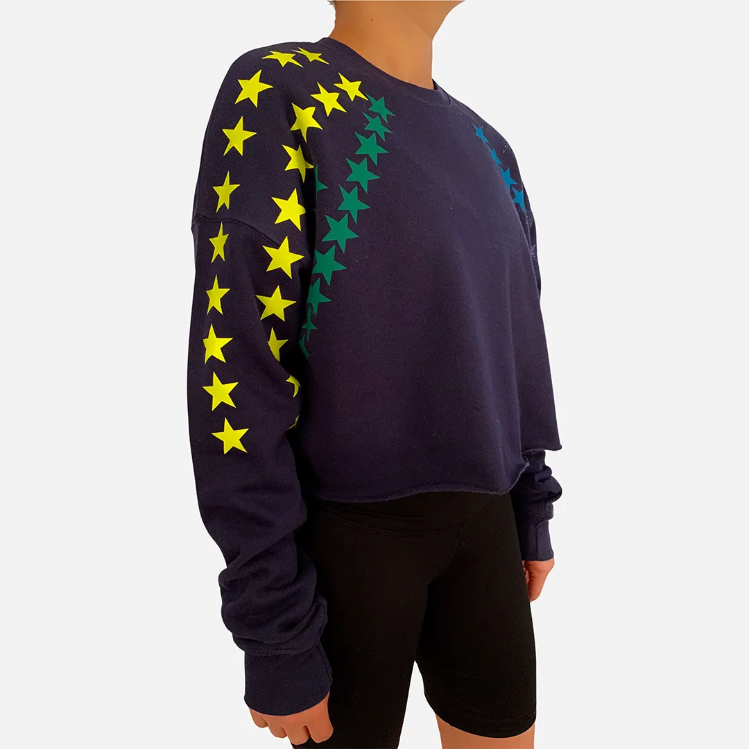 Bell Navy Blue With Neon Starts Hip Length Sweatshirt