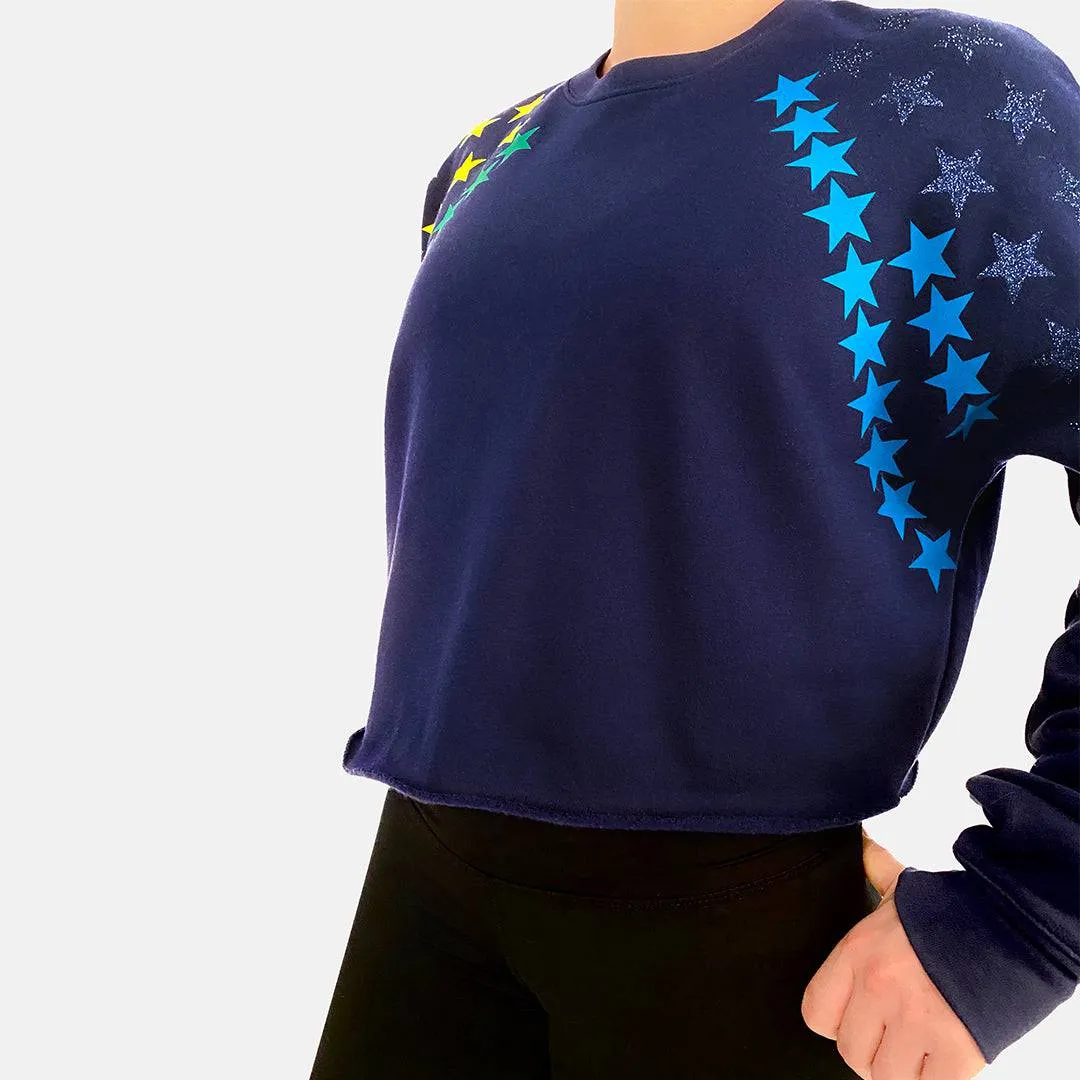 Bell Navy Blue With Neon Starts Hip Length Sweatshirt