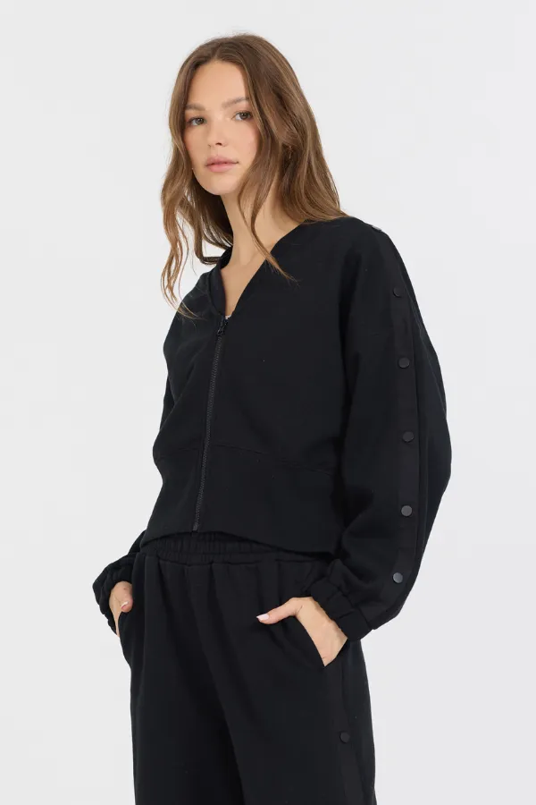 Black Brushed Fleece Zip Up W/ Snap Sleeves