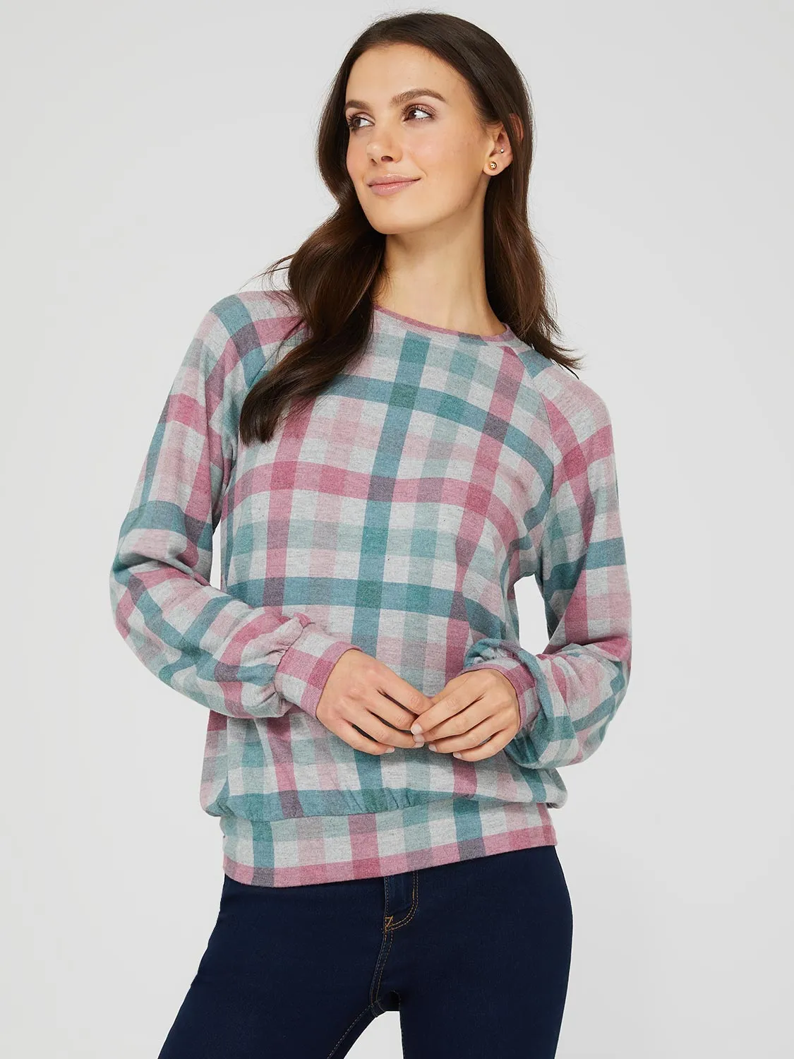 Brushed Plaid Print Crew Neck Sweatshirt