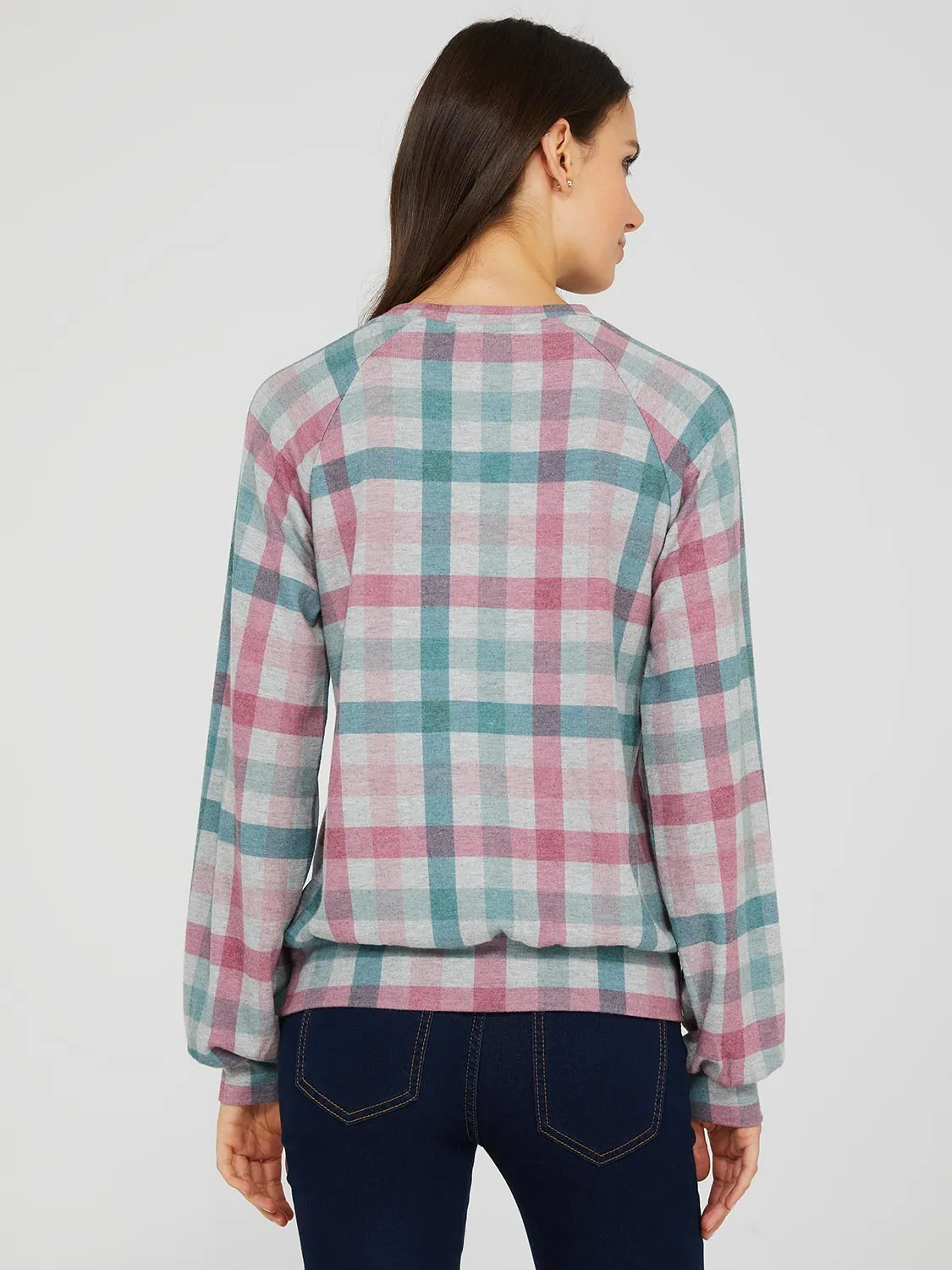 Brushed Plaid Print Crew Neck Sweatshirt