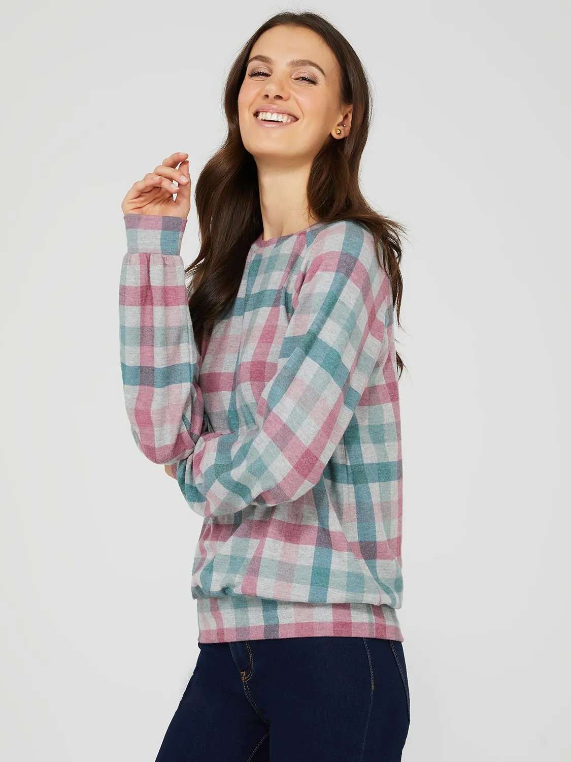 Brushed Plaid Print Crew Neck Sweatshirt