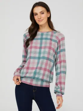 Brushed Plaid Print Crew Neck Sweatshirt