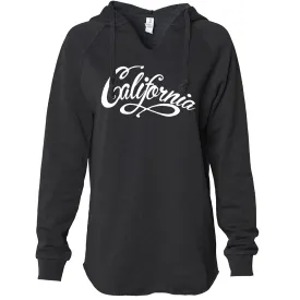 California Beach Script White Print Women's Soft Hooded Pullover