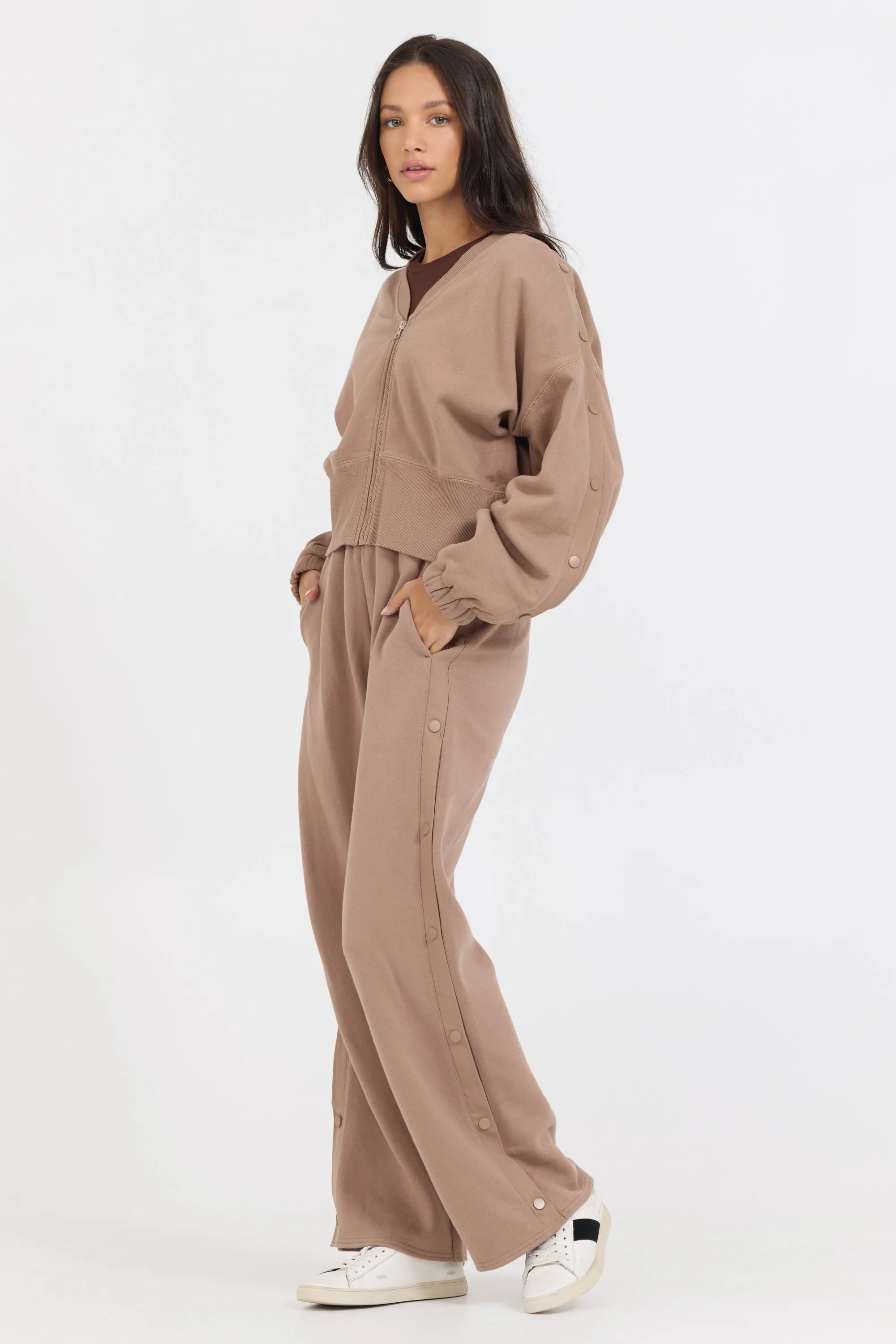 Caramel Latte Brushed Fleece Zip Up W/ Snap Sleeves