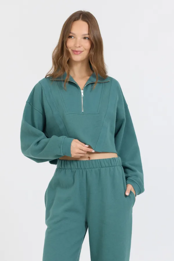 College Green Cotton Blend Fleece Quarter Zip Rib Neck