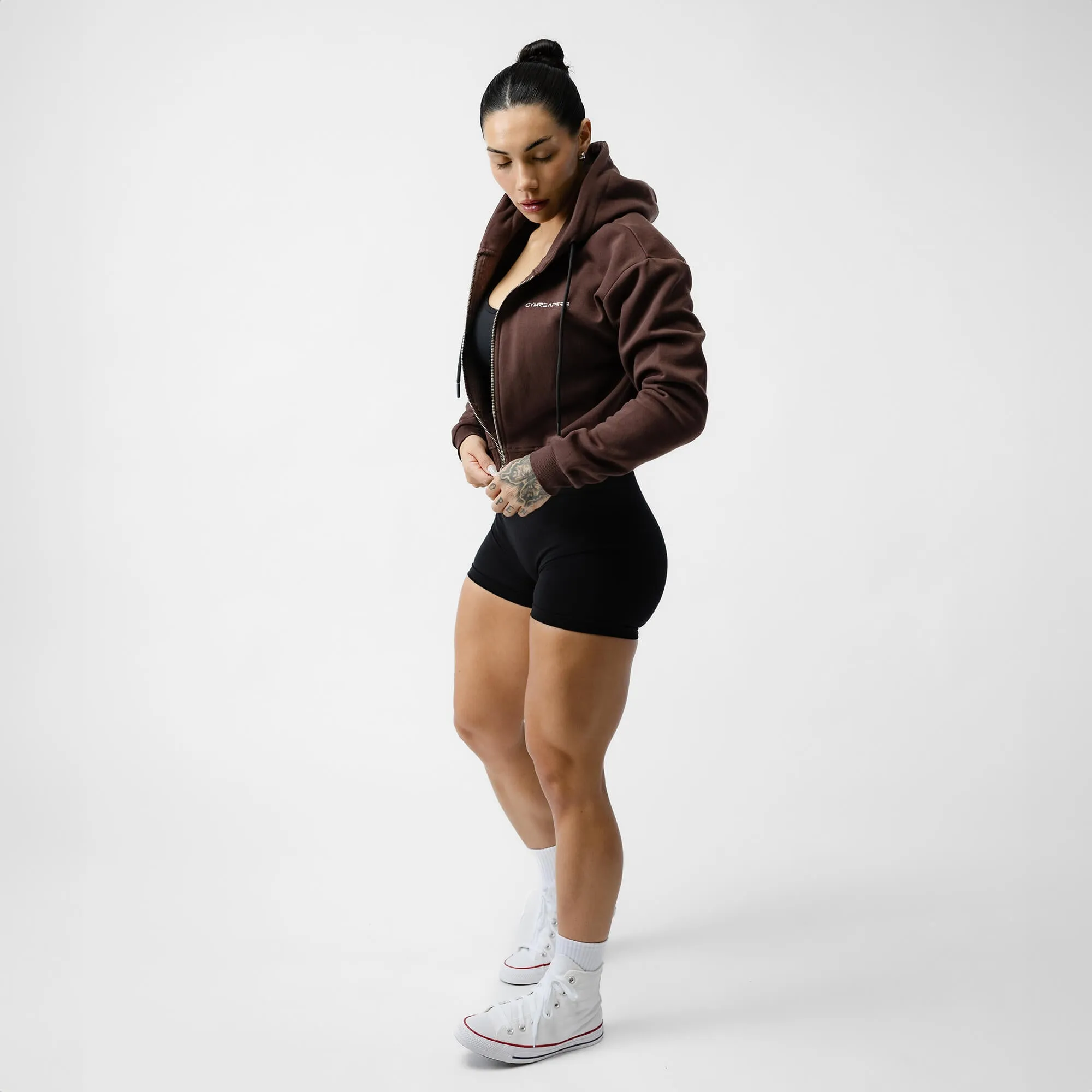 Cropped Zip-Up Hoodie - Brown