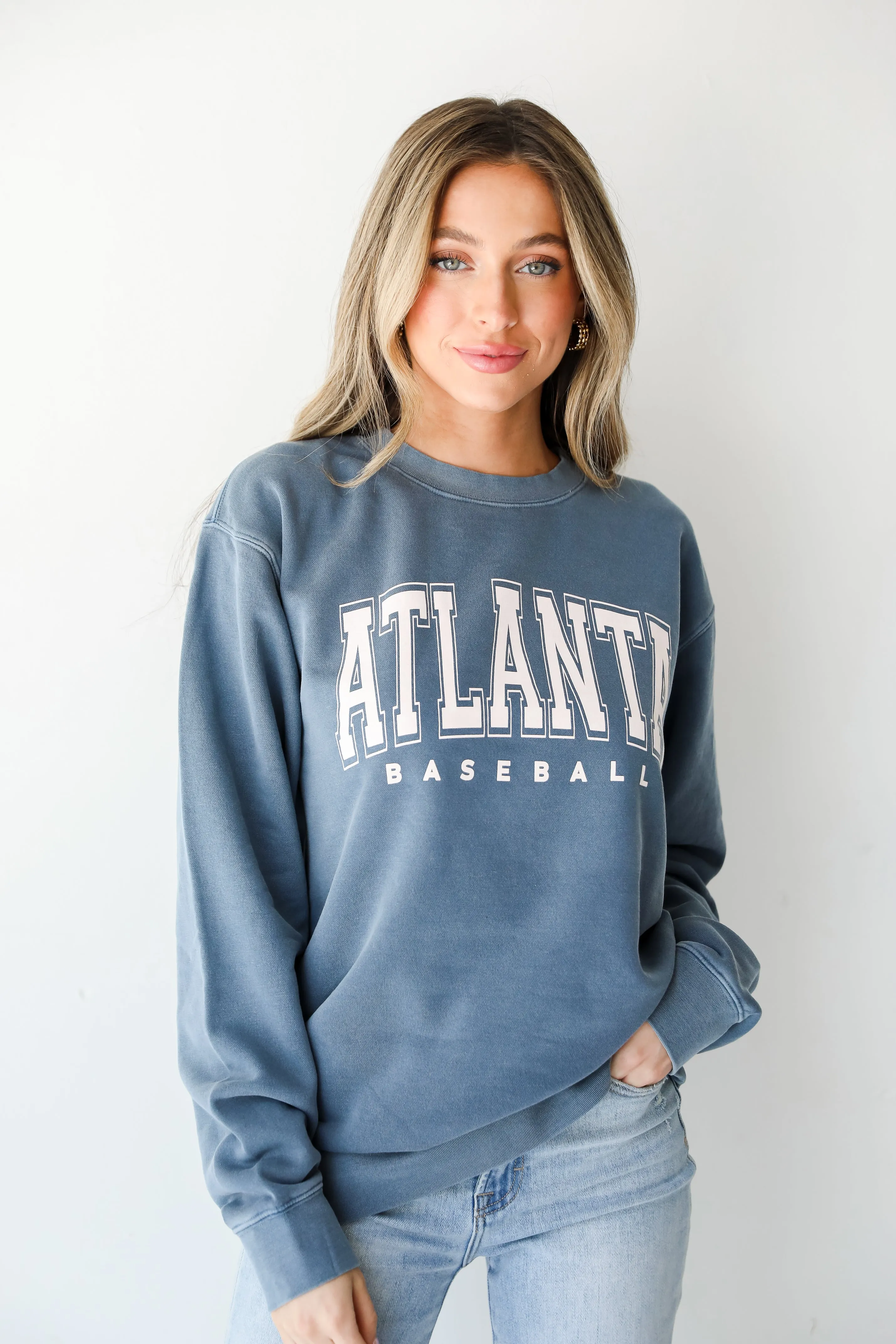 Denim Atlanta Baseball Block Letter Sweatshirt