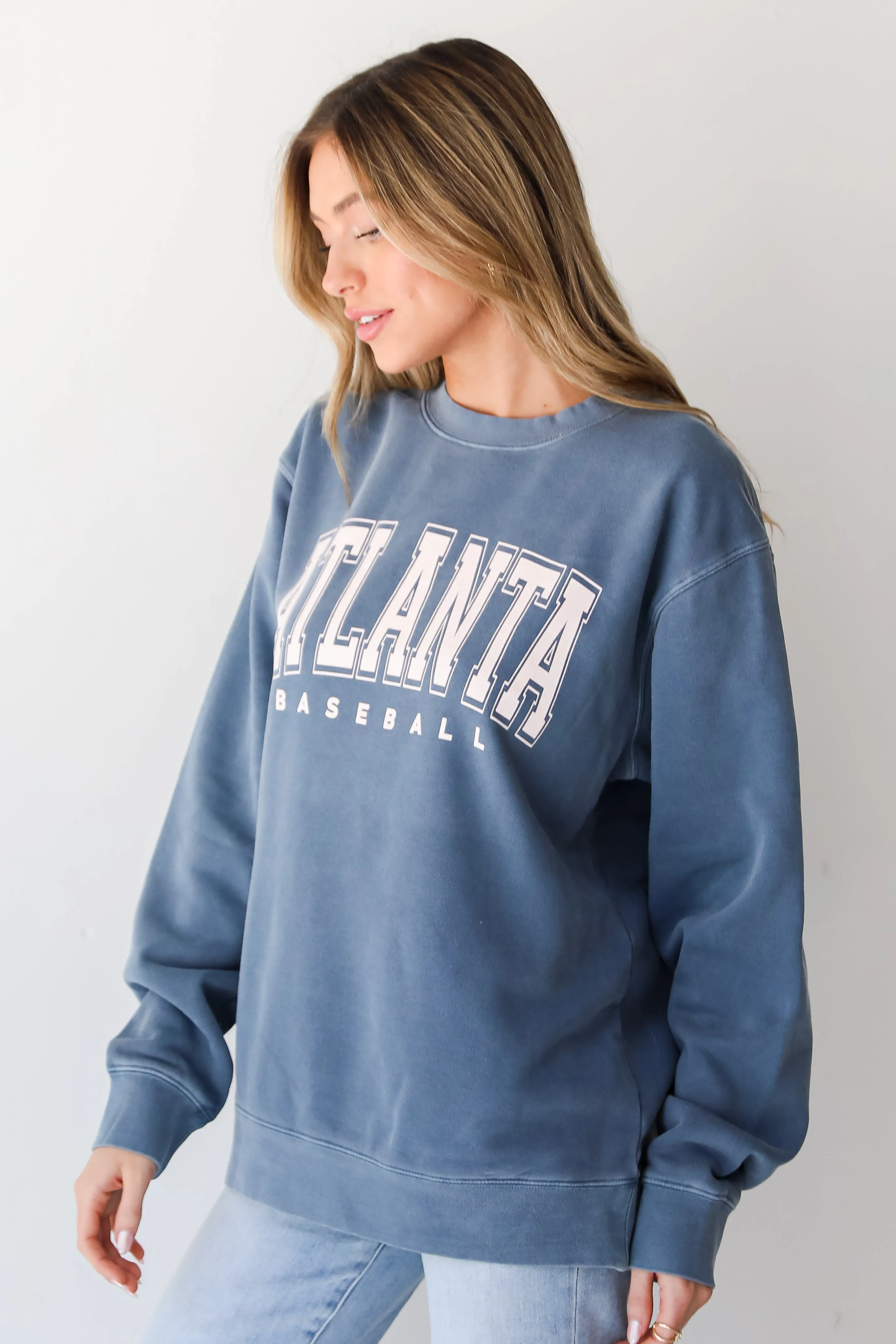 Denim Atlanta Baseball Block Letter Sweatshirt