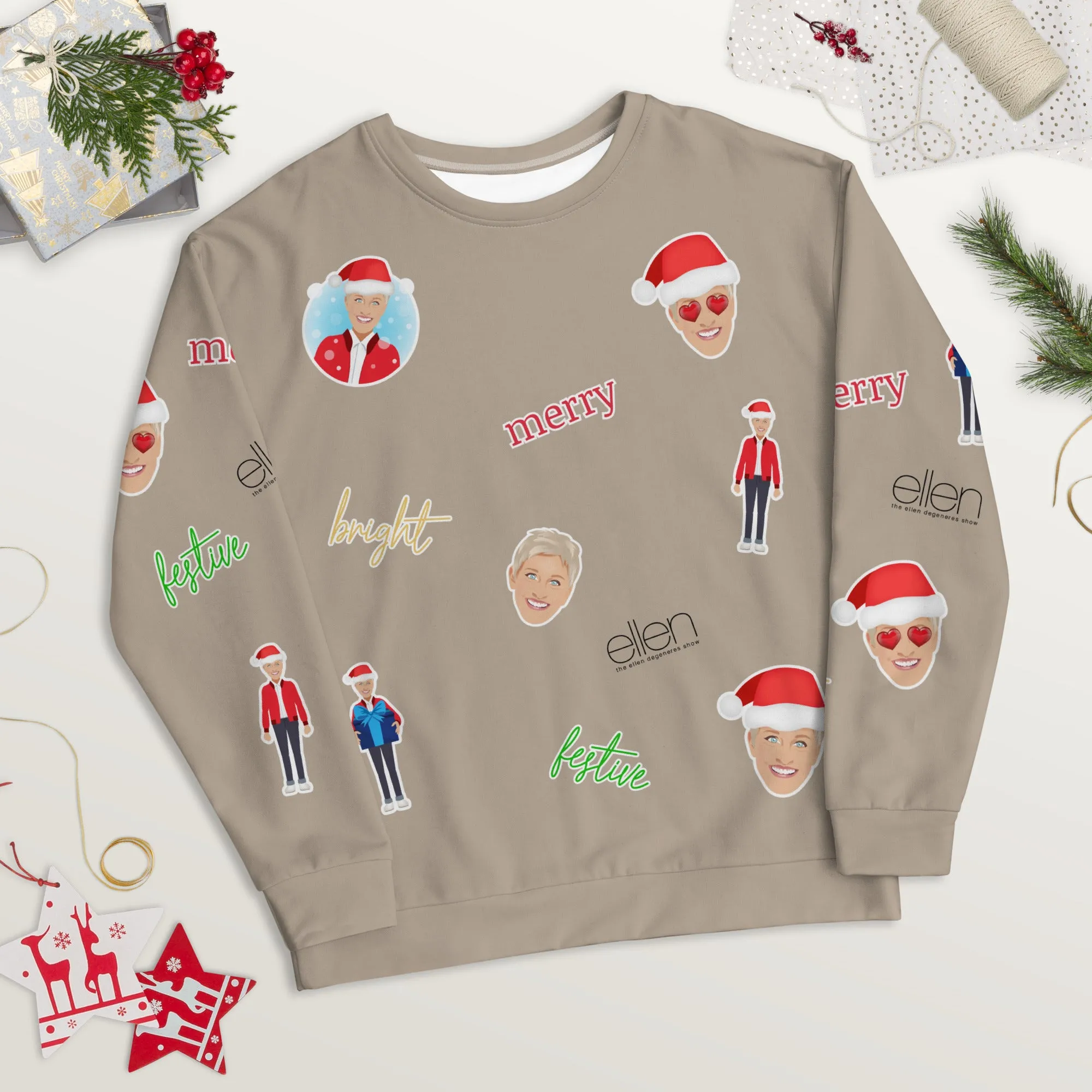 Ellen's Holiday Emoji All Over Sweatshirt (Latte)