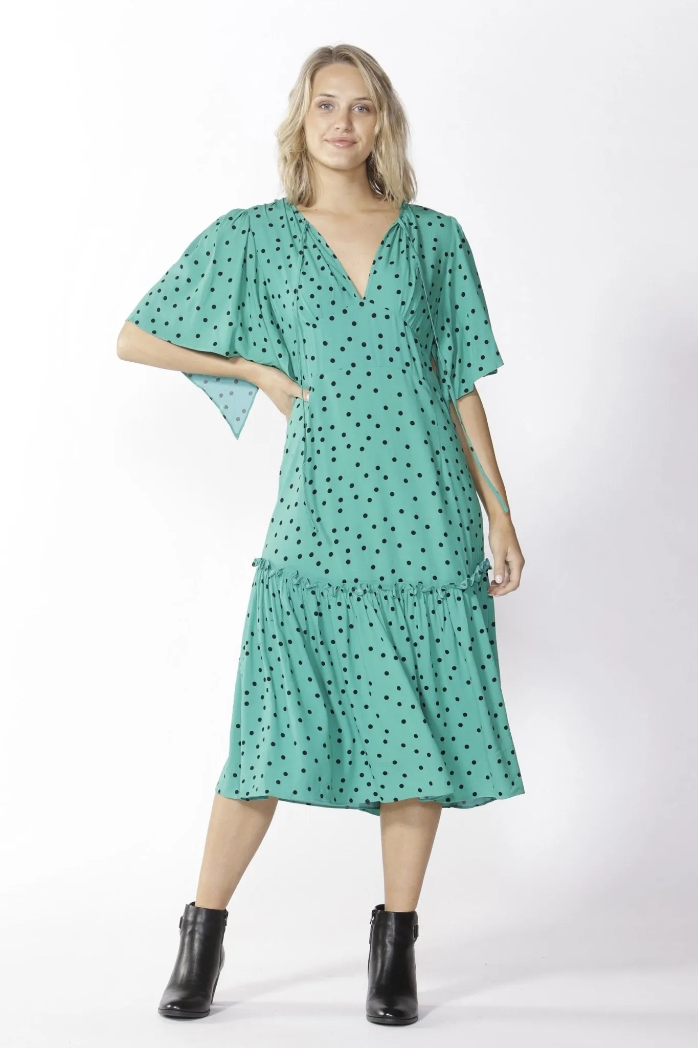 Fate   Becker Ophelia Midi Dress in Green Dot