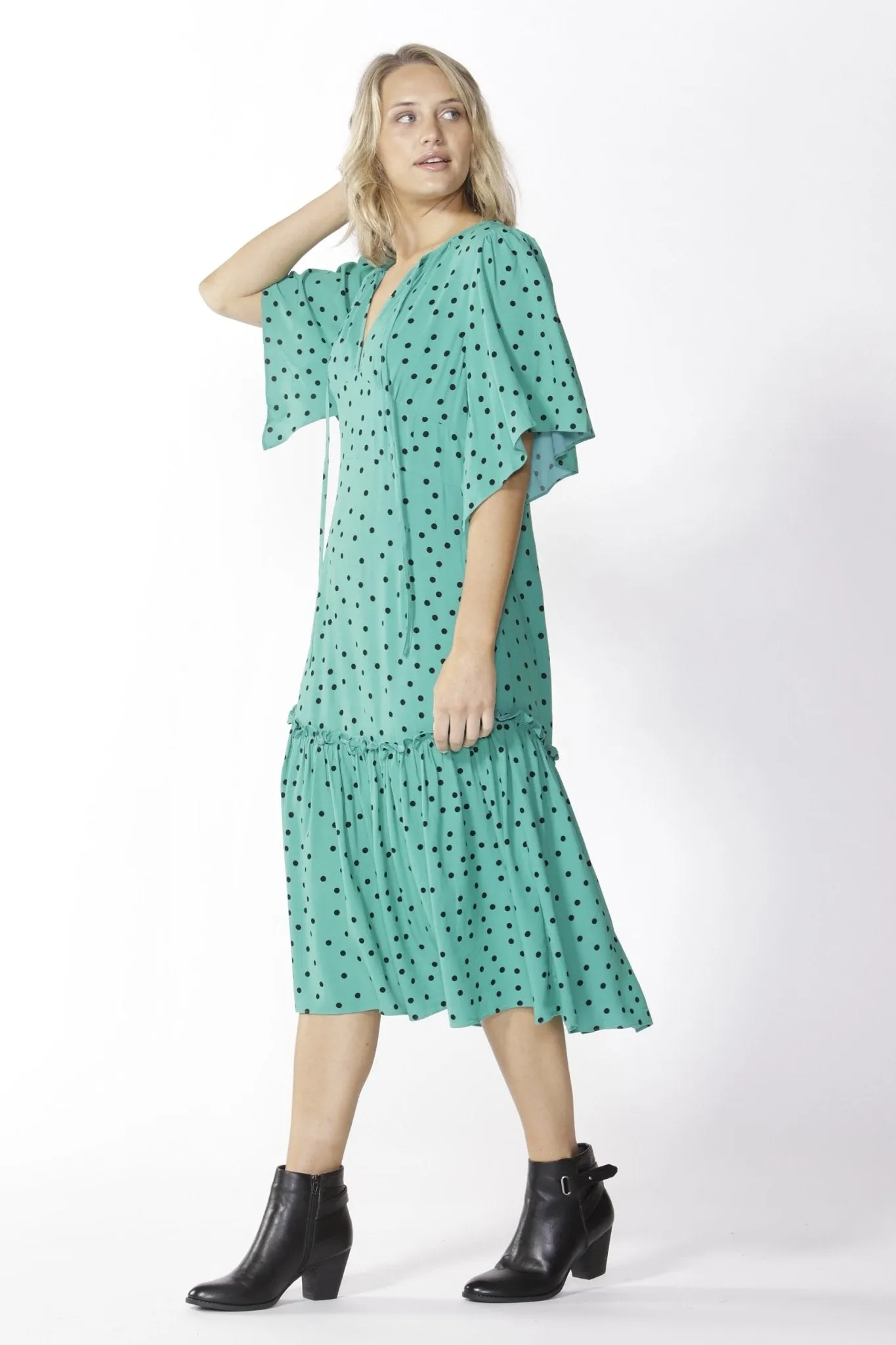 Fate   Becker Ophelia Midi Dress in Green Dot