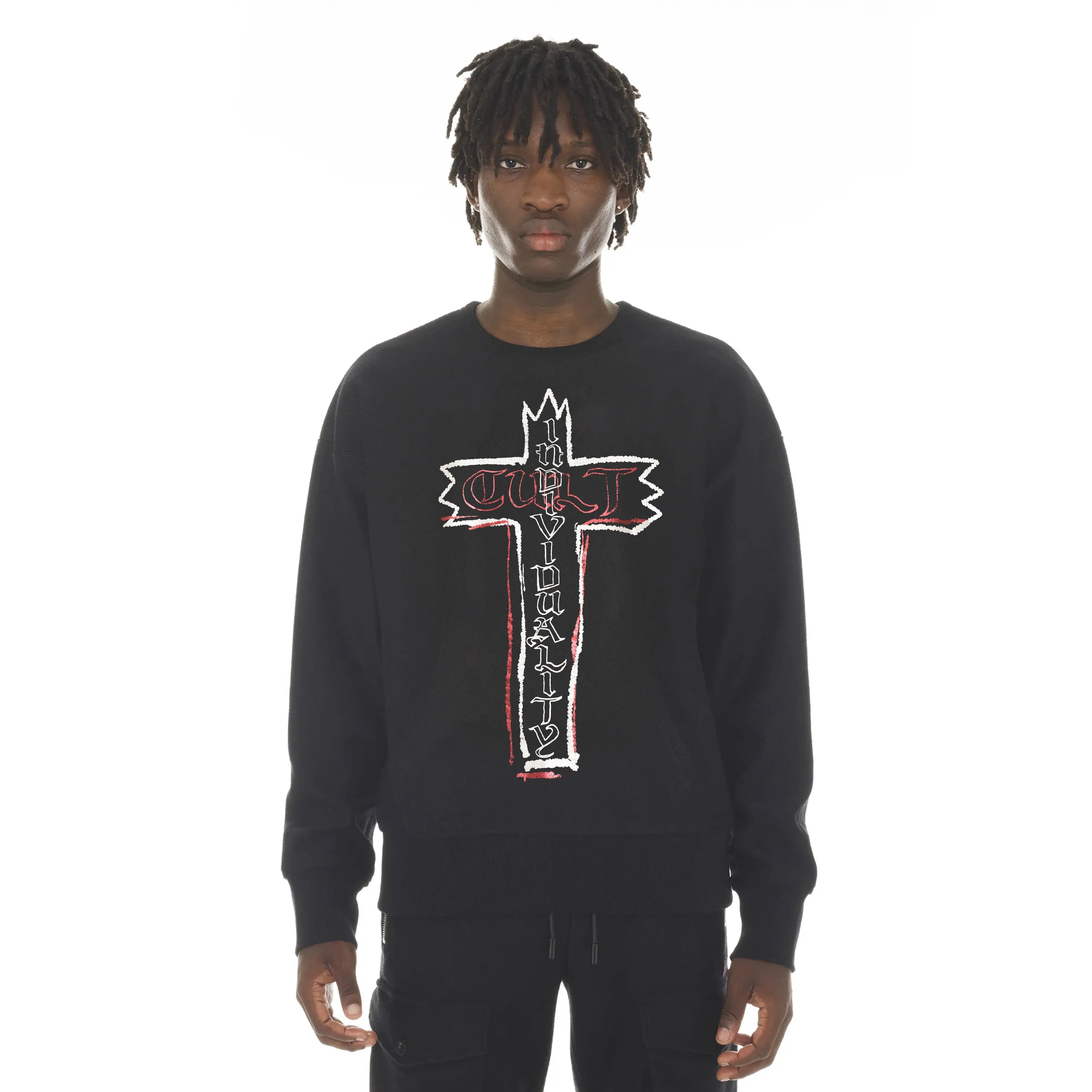 FRENCH TERRY CREW NECK SWEATSHIRT "CROSS" IN BLACK