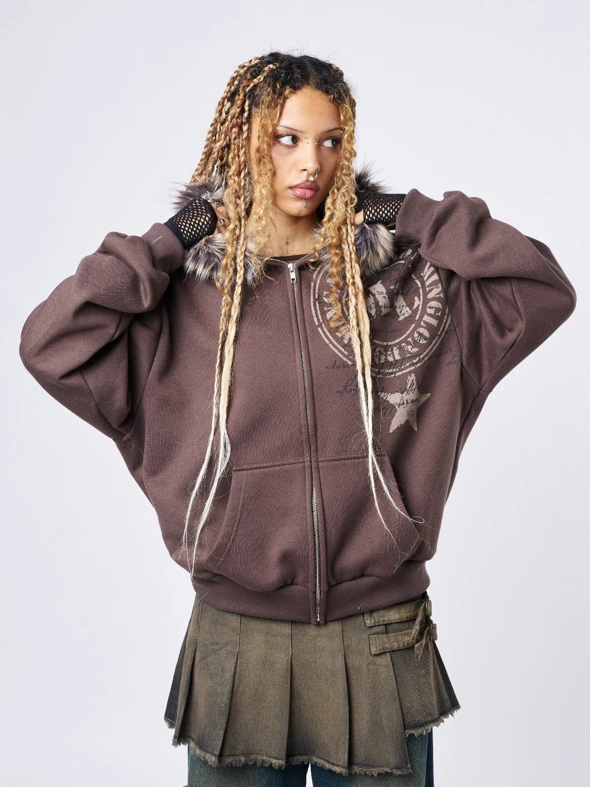 Stylish Oversized Zip-Up Hoodie with Faux Fur Neck - Kiara