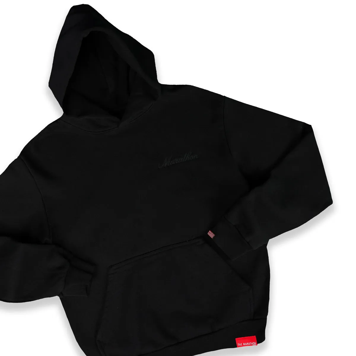 Marathon 3D Embroidered Stacked Script Hoodie - Black/Black