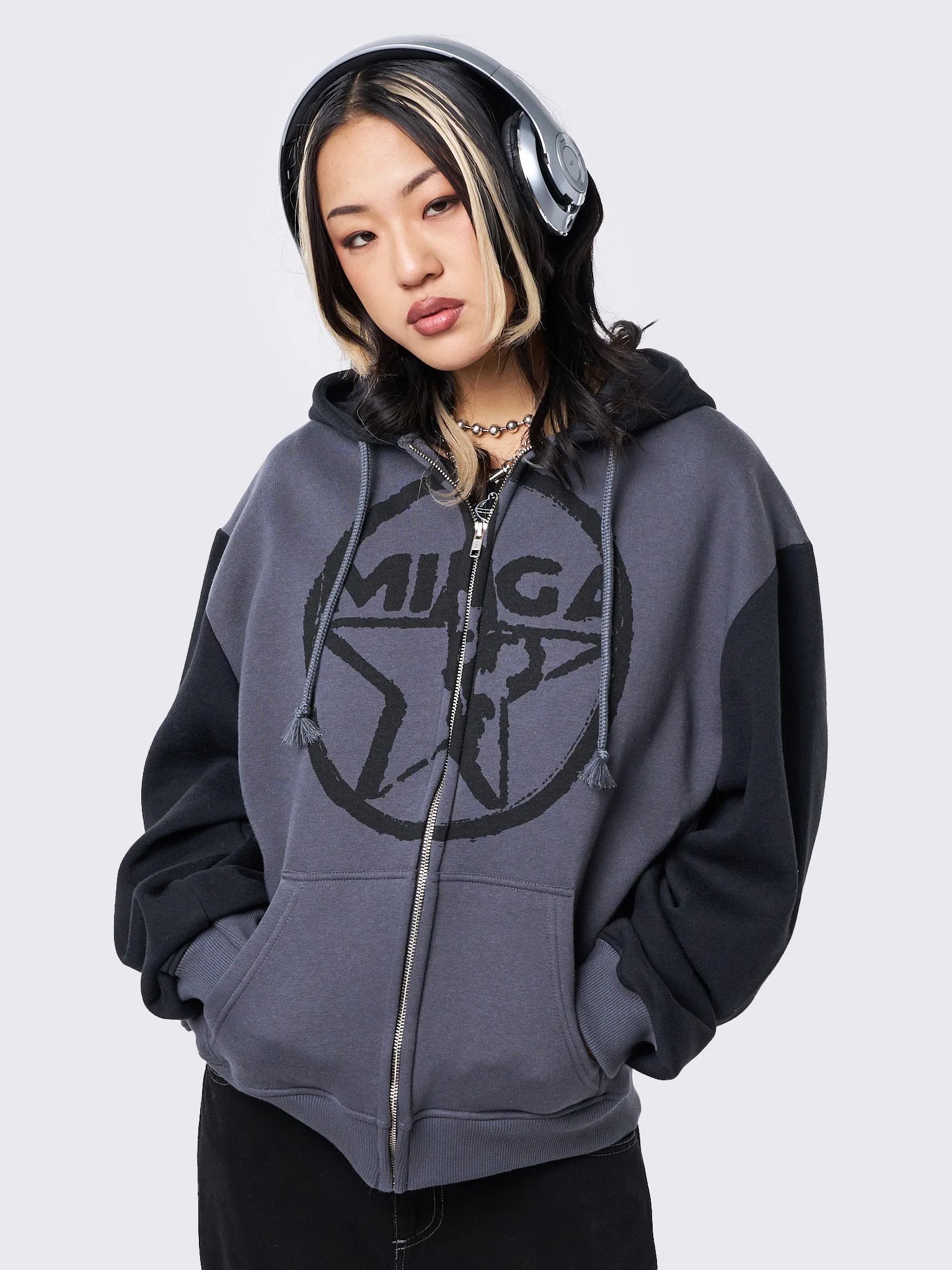 Minga Star Black Grey Zip Up Hoodie