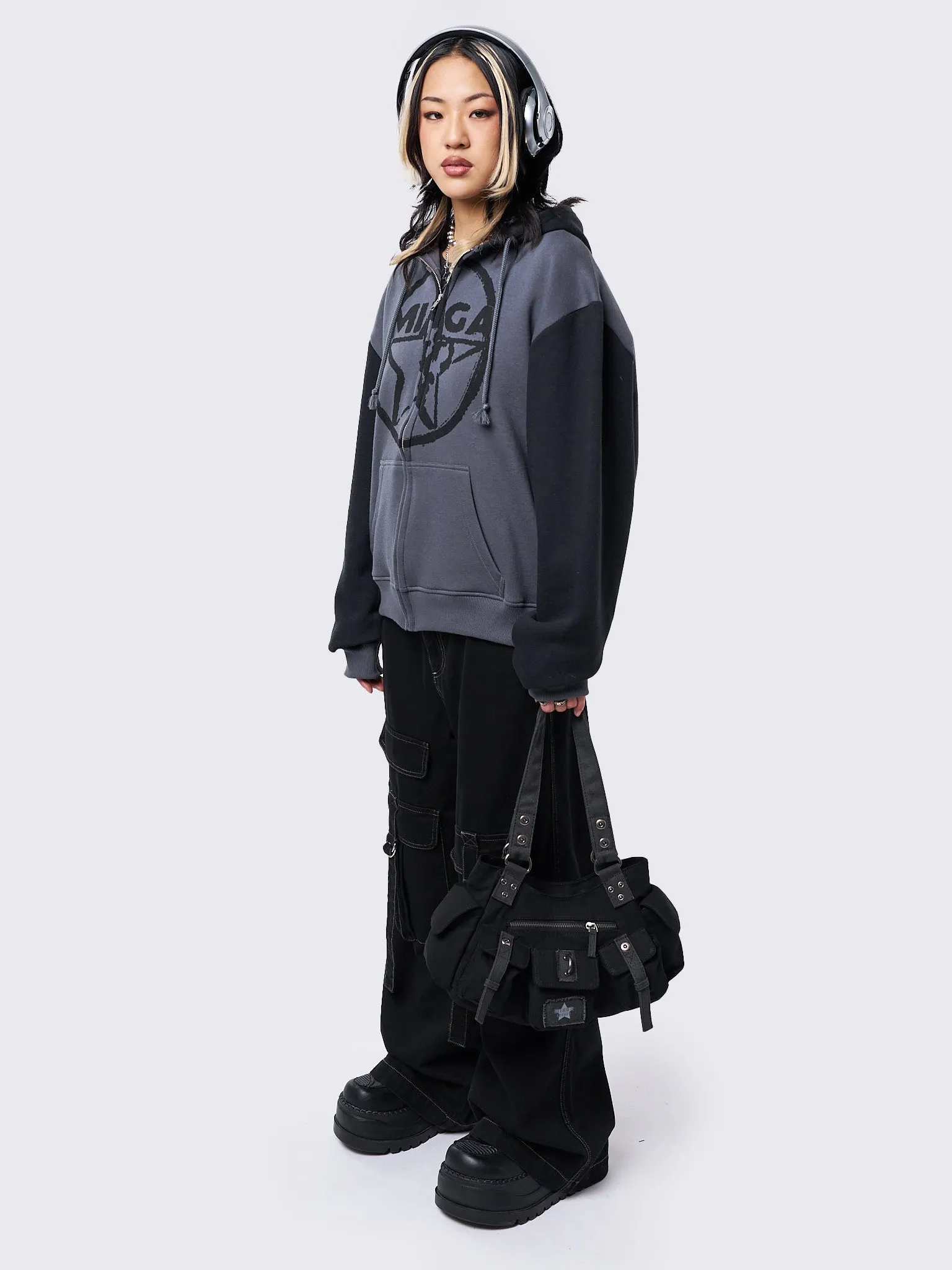 Minga Star Black Grey Zip Up Hoodie