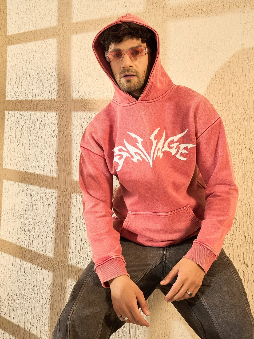 Peach Mineral Wash Heavyweight Embroidered Oversized Hoodie