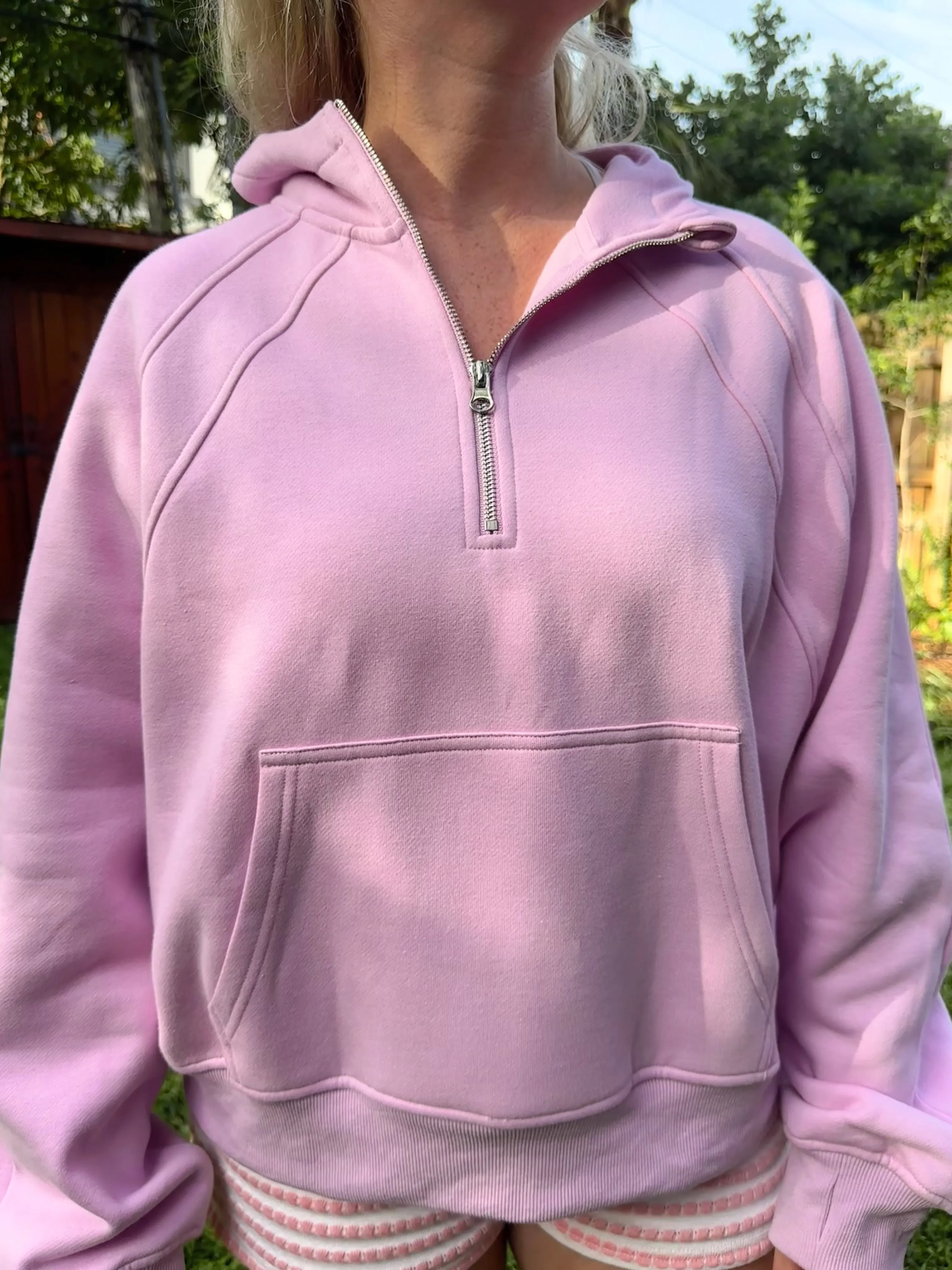 Pink Lavender  Pilates Detailed Waist Length Quarter Zip Hoodie