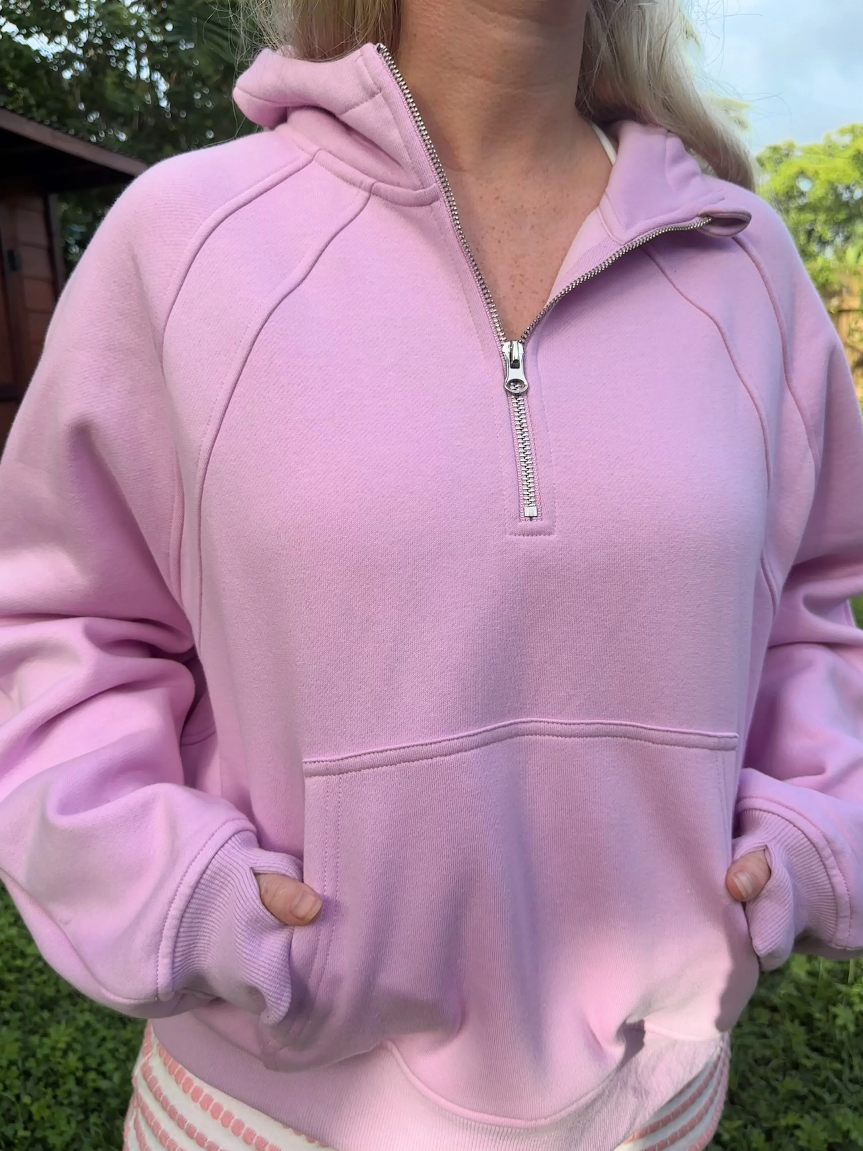 Pink Lavender  Pilates Detailed Waist Length Quarter Zip Hoodie