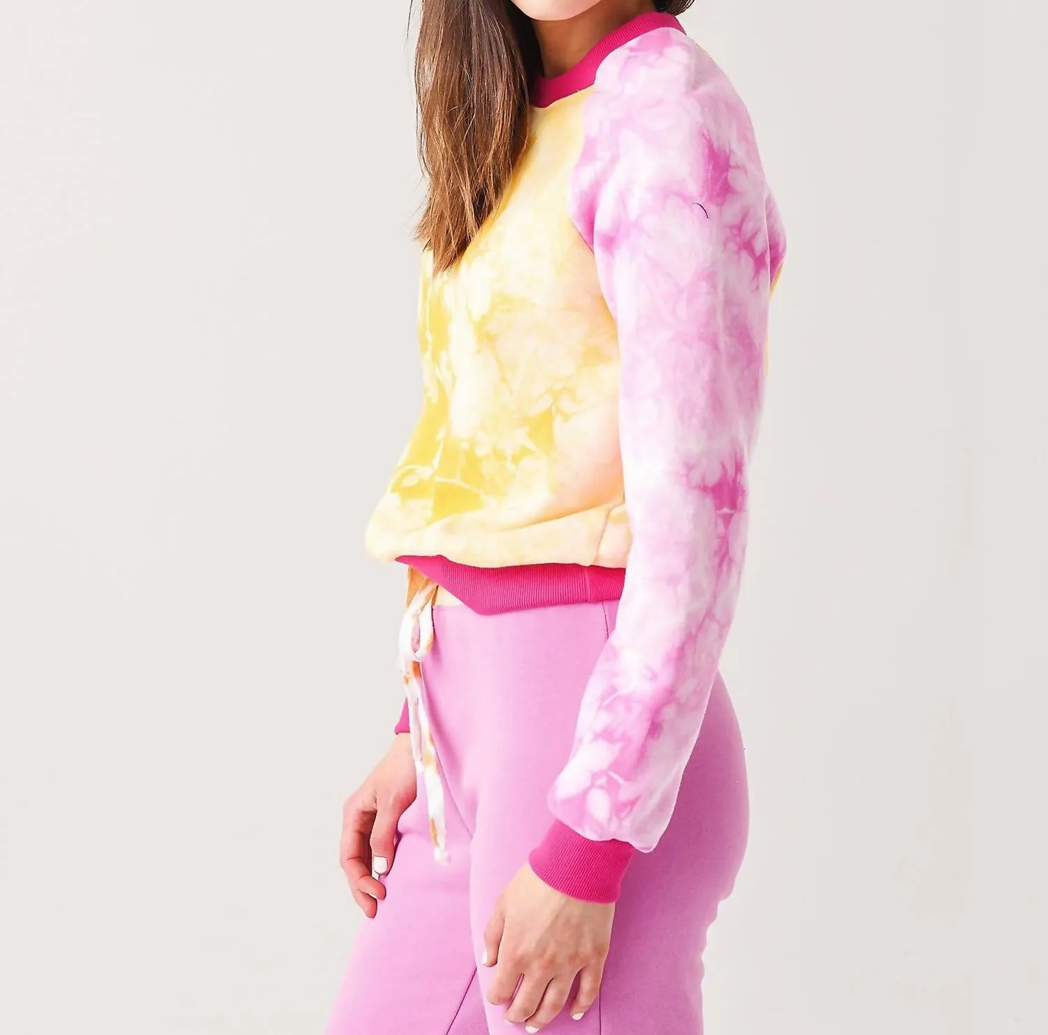 "laid Back" Crew Sweatshirt In Gold/fuschia Tie Dye