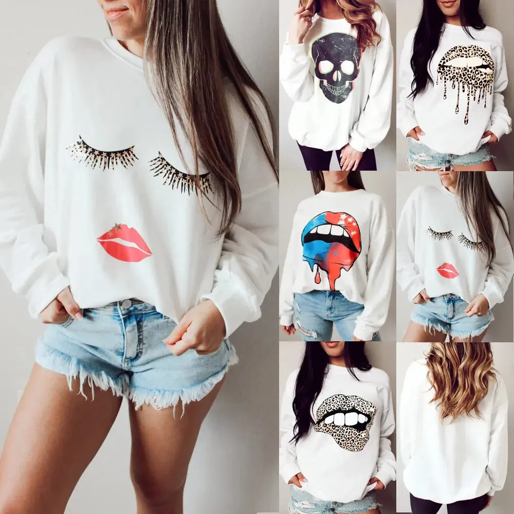 Round Neck Eyelashes Lip Printings Loose Sweatshirt