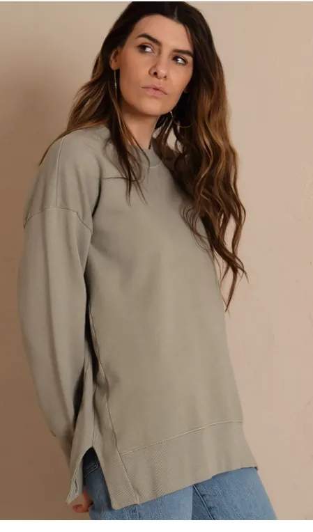 Split Hem Cotton Crew Neck Sweatshirt