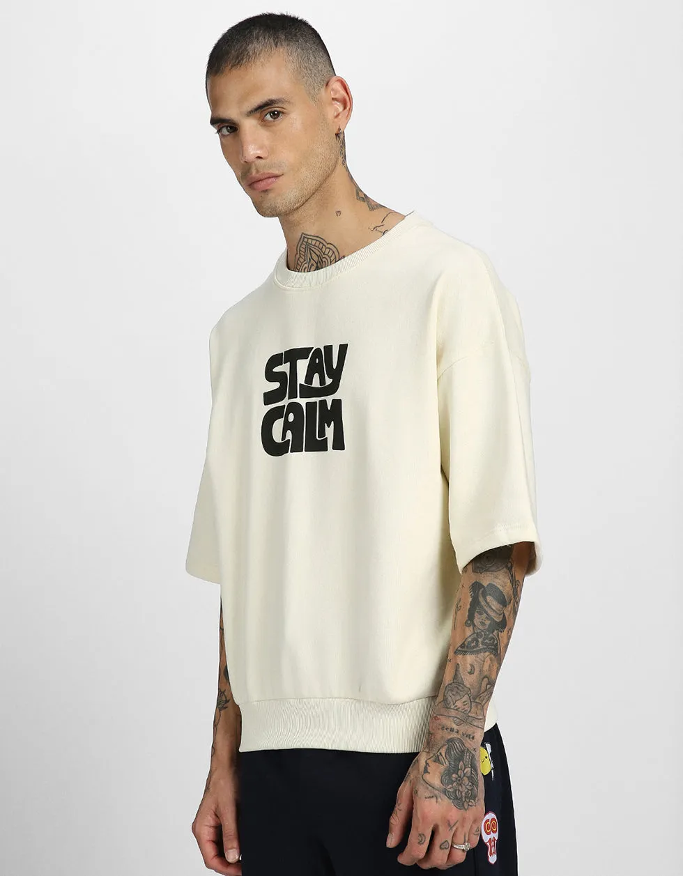 Stay Calm Beige Back Typographic Oversized Sweatshirt