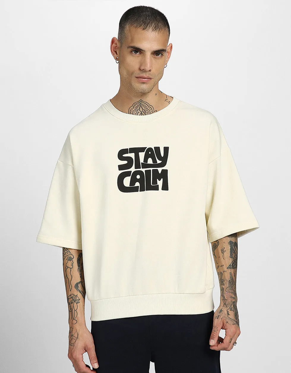 Stay Calm Beige Back Typographic Oversized Sweatshirt