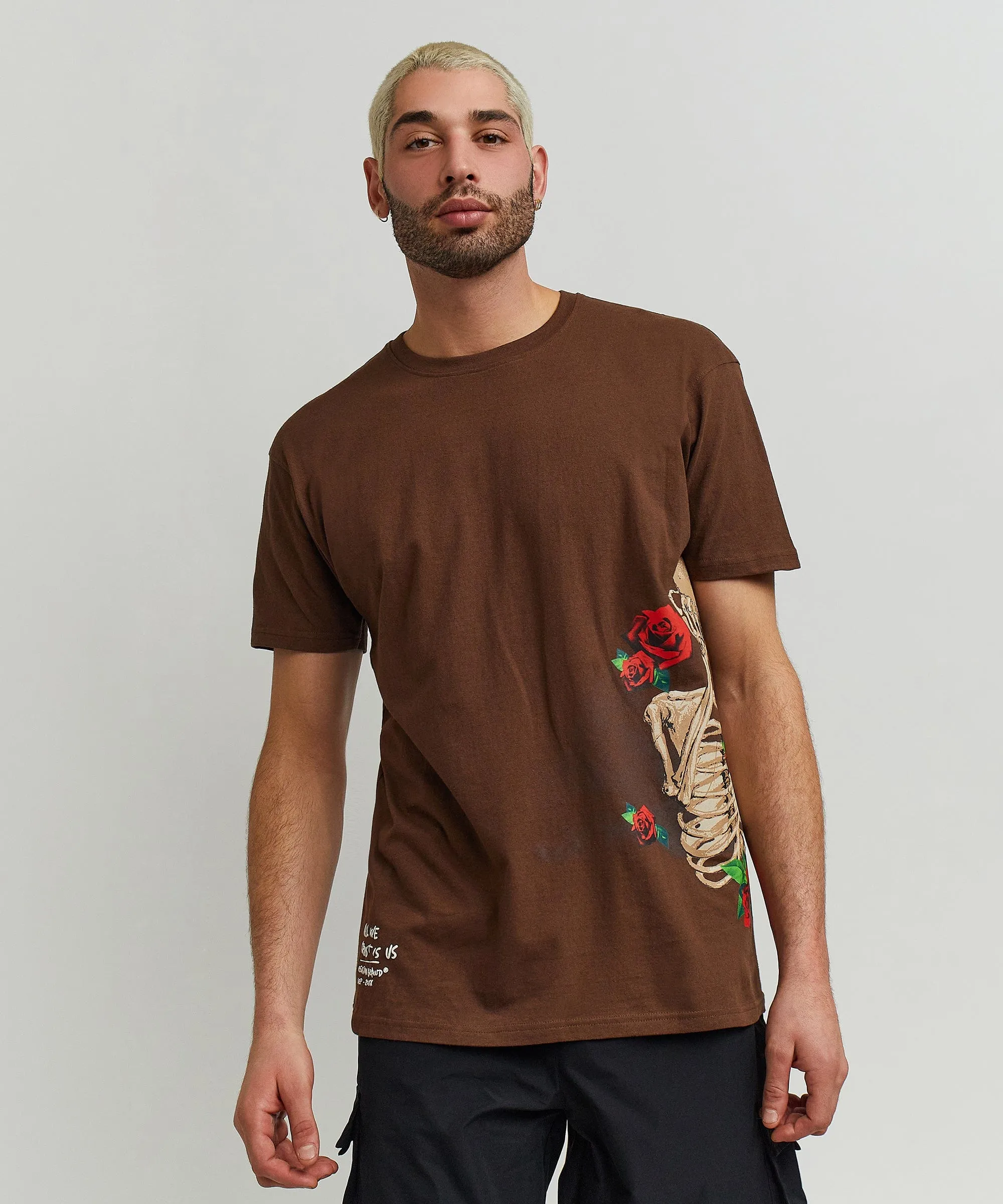 Trust Rose Skull Side Print Short Sleeve Tee - Brown