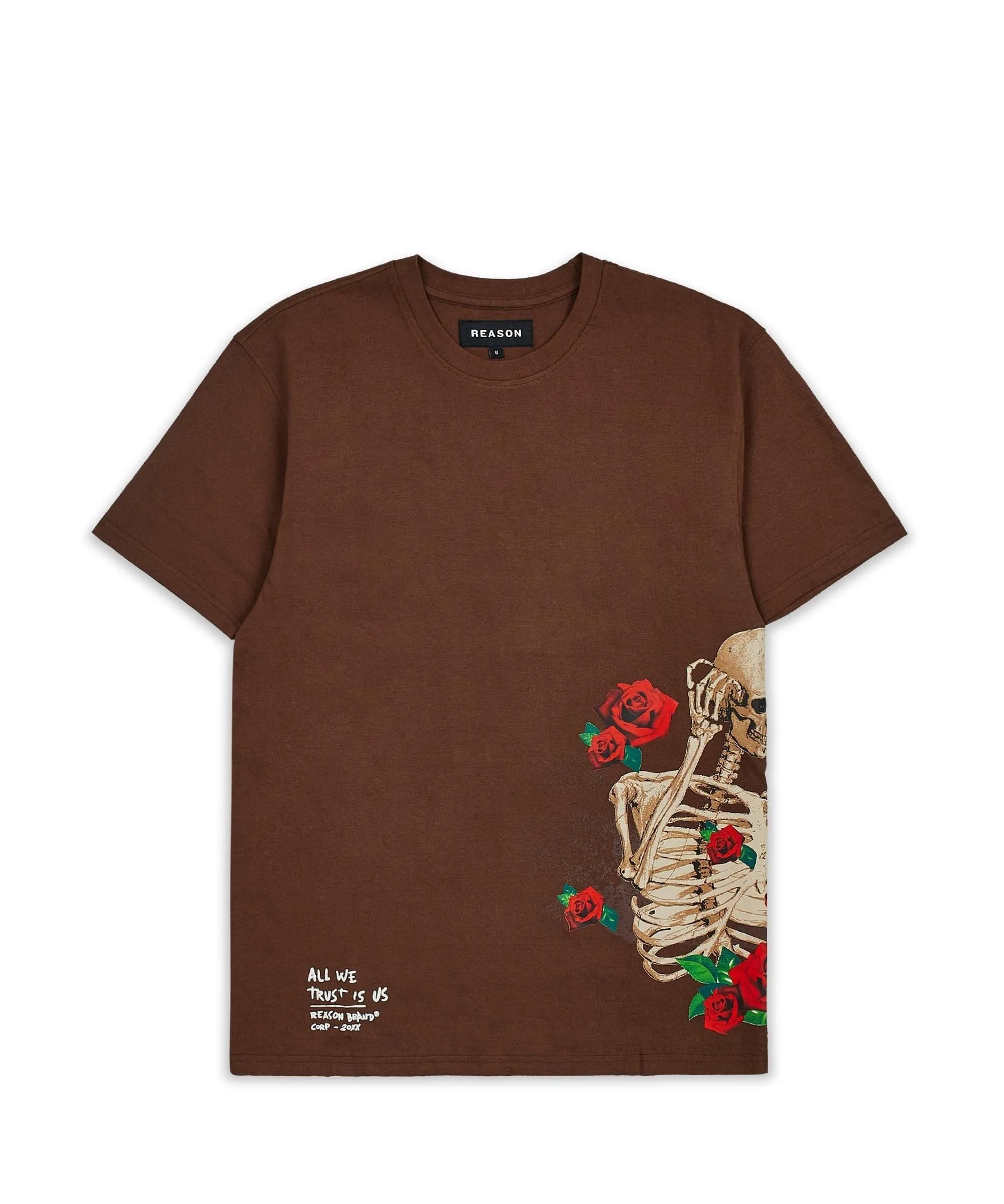 Trust Rose Skull Side Print Short Sleeve Tee - Brown