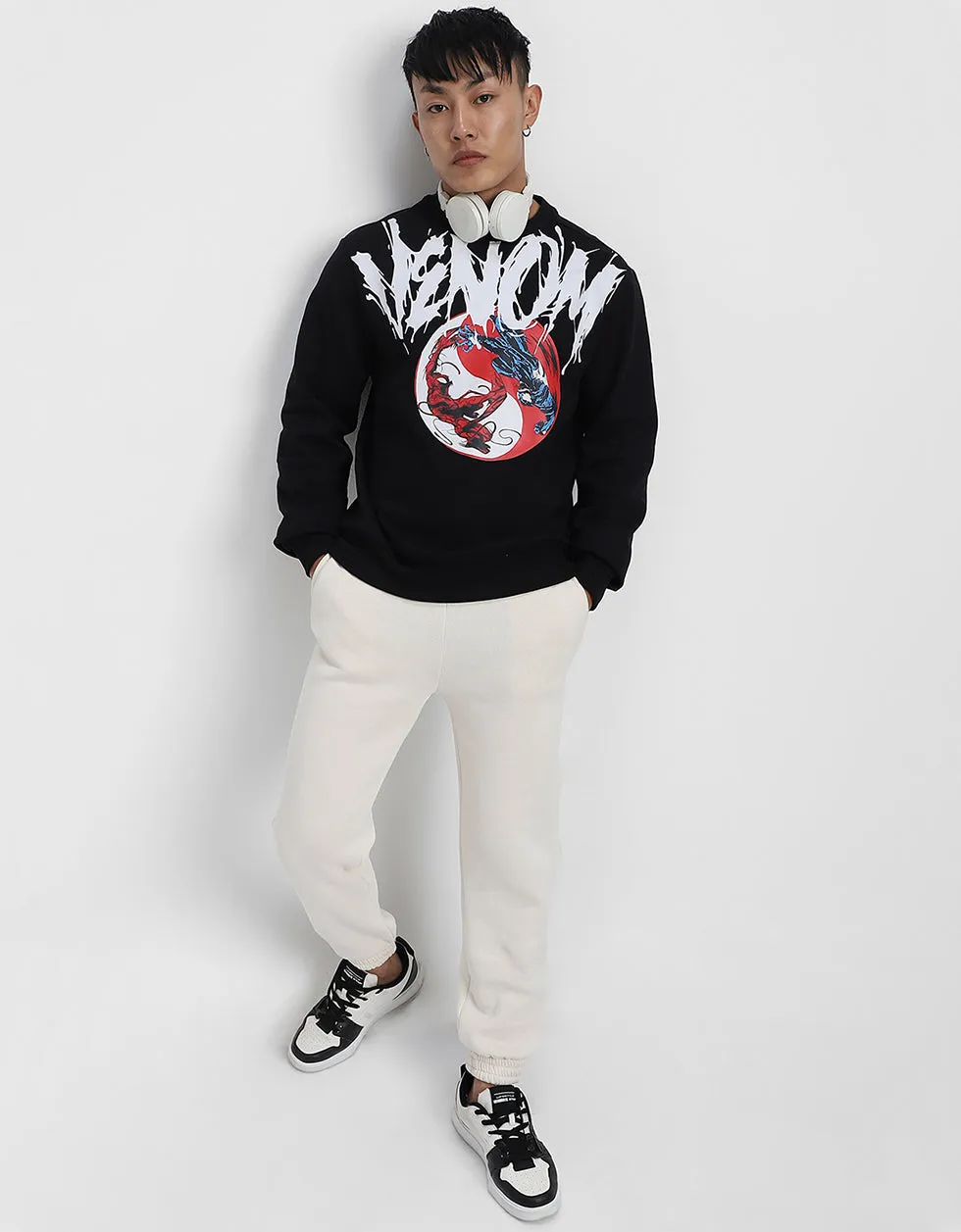 Venom Black Front Typographic Printed Sweatshirt