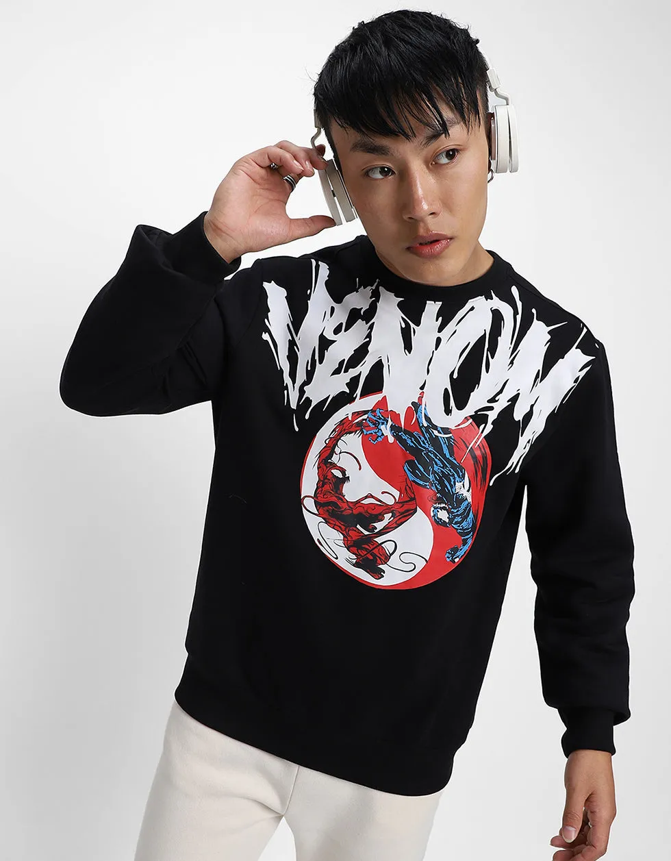 Venom Black Front Typographic Printed Sweatshirt