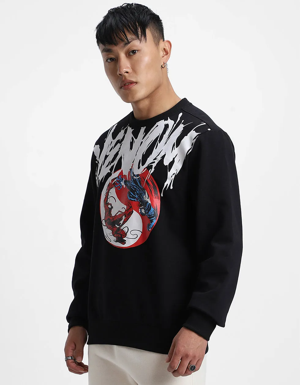 Venom Black Front Typographic Printed Sweatshirt