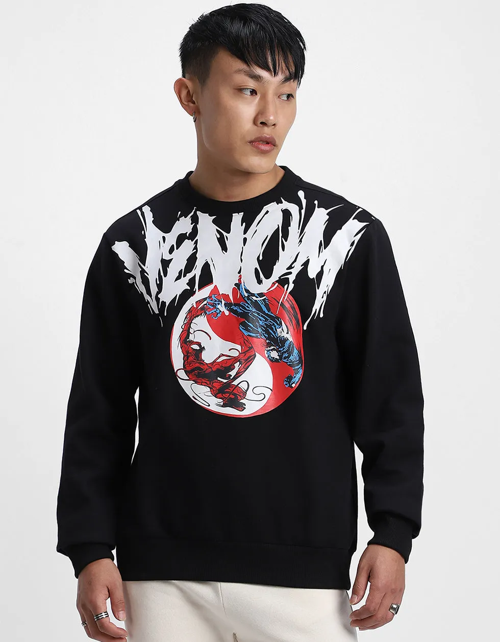 Venom Black Front Typographic Printed Sweatshirt