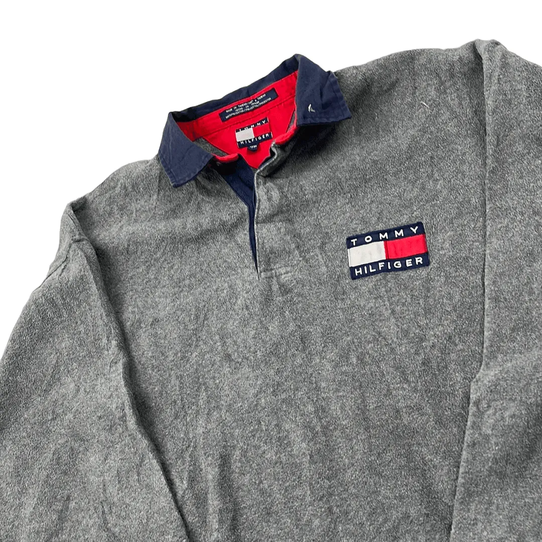 Vintage 90s Grey Tommy Hilfiger Fleece Polo Shirt/ Sweatshirt - Medium (Recommended Size - Large)