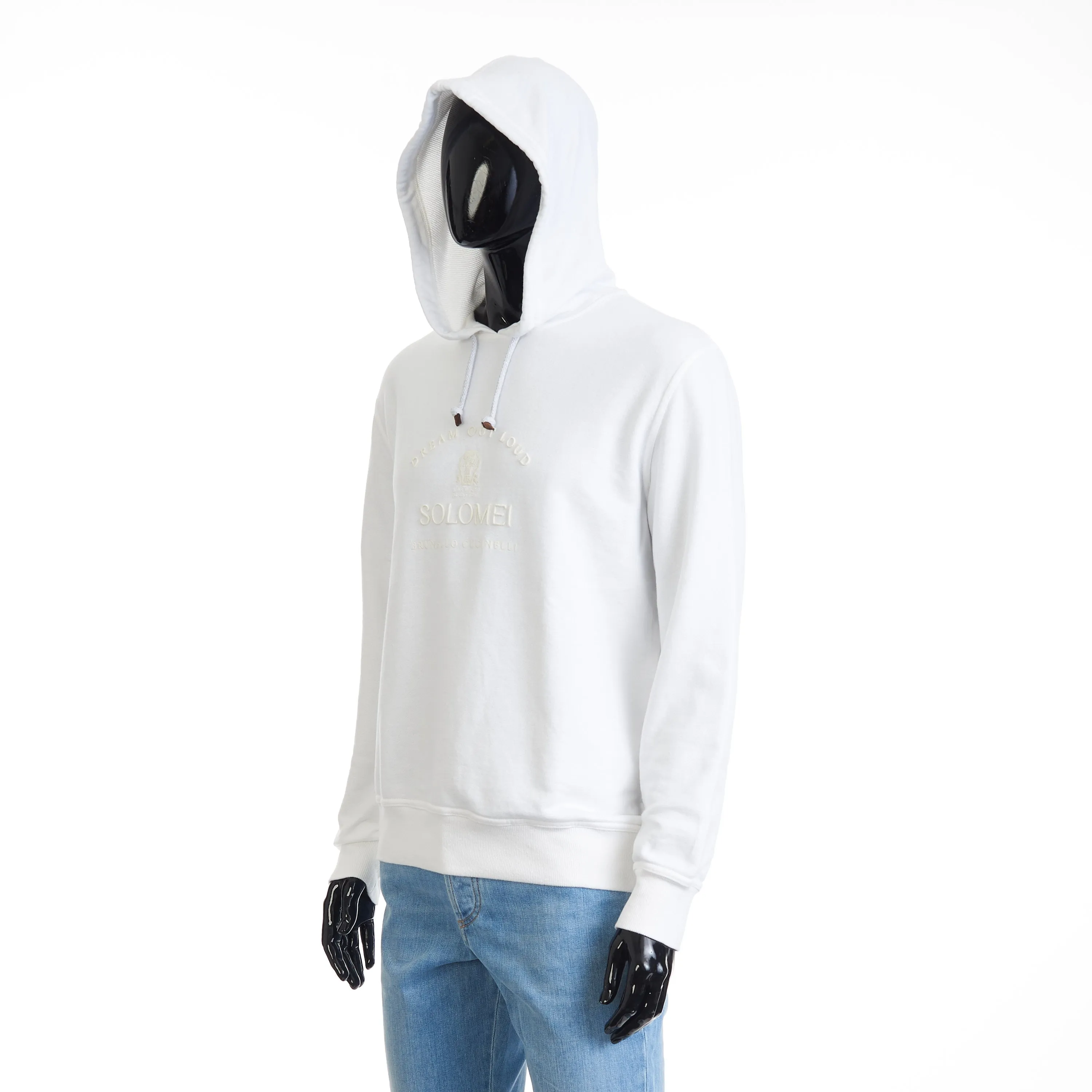 White Hooded Sweatshirt - Logo Embroidery, French Terry